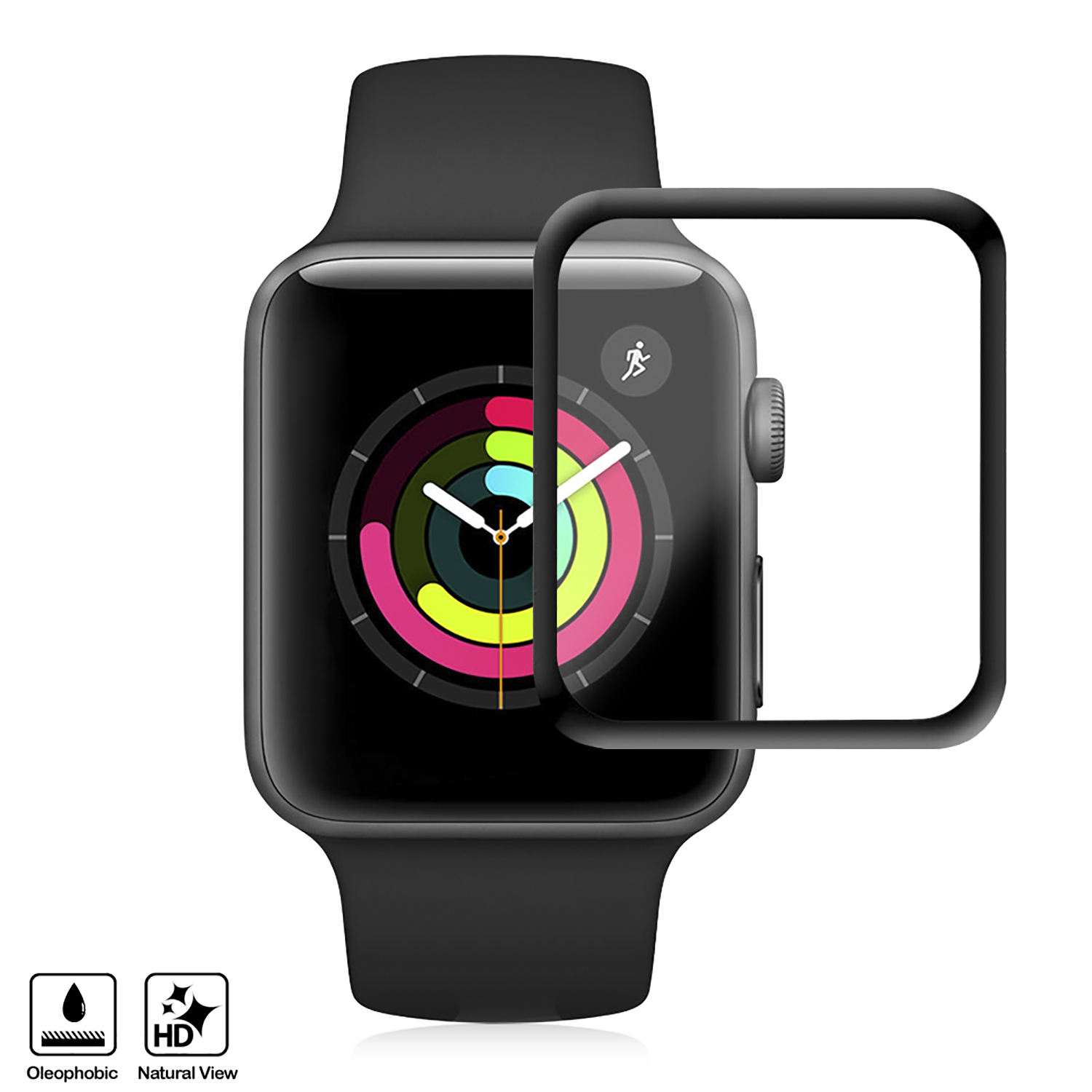 Smartwatch nero con protezione schermo e cerchi colorati.