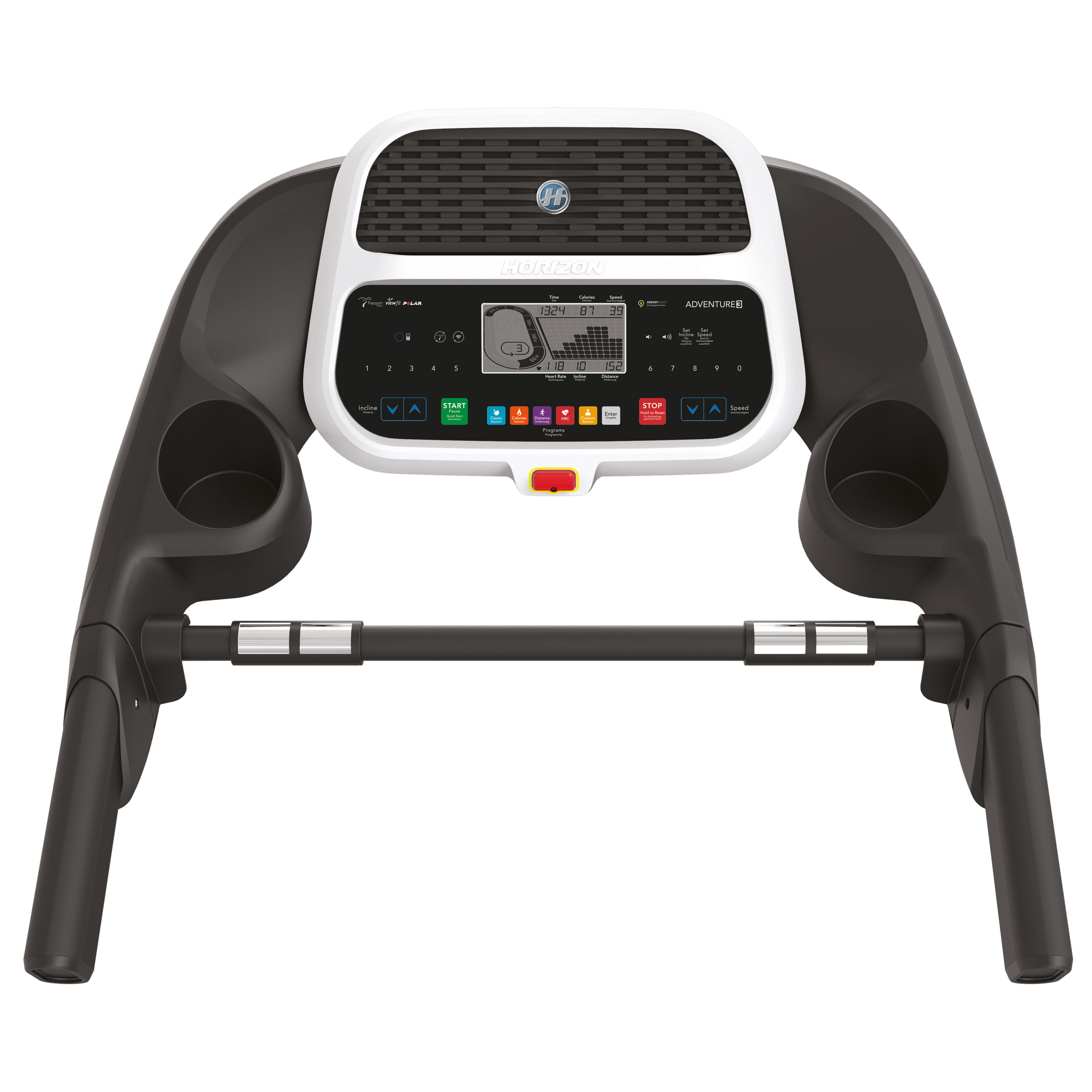 A treadmill machine. It is mostly black with a white console, with a screen and buttons.