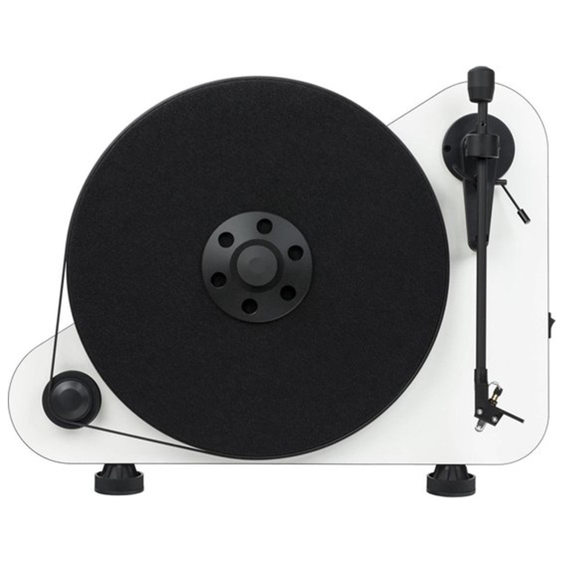 White turntable with black record, arm, and platter. It is on a white background.