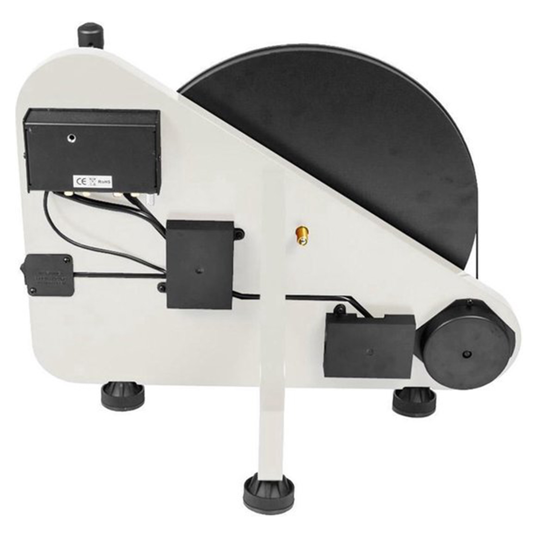 A white and black machine with a black disc. Several black boxes and a metal leg are visible.