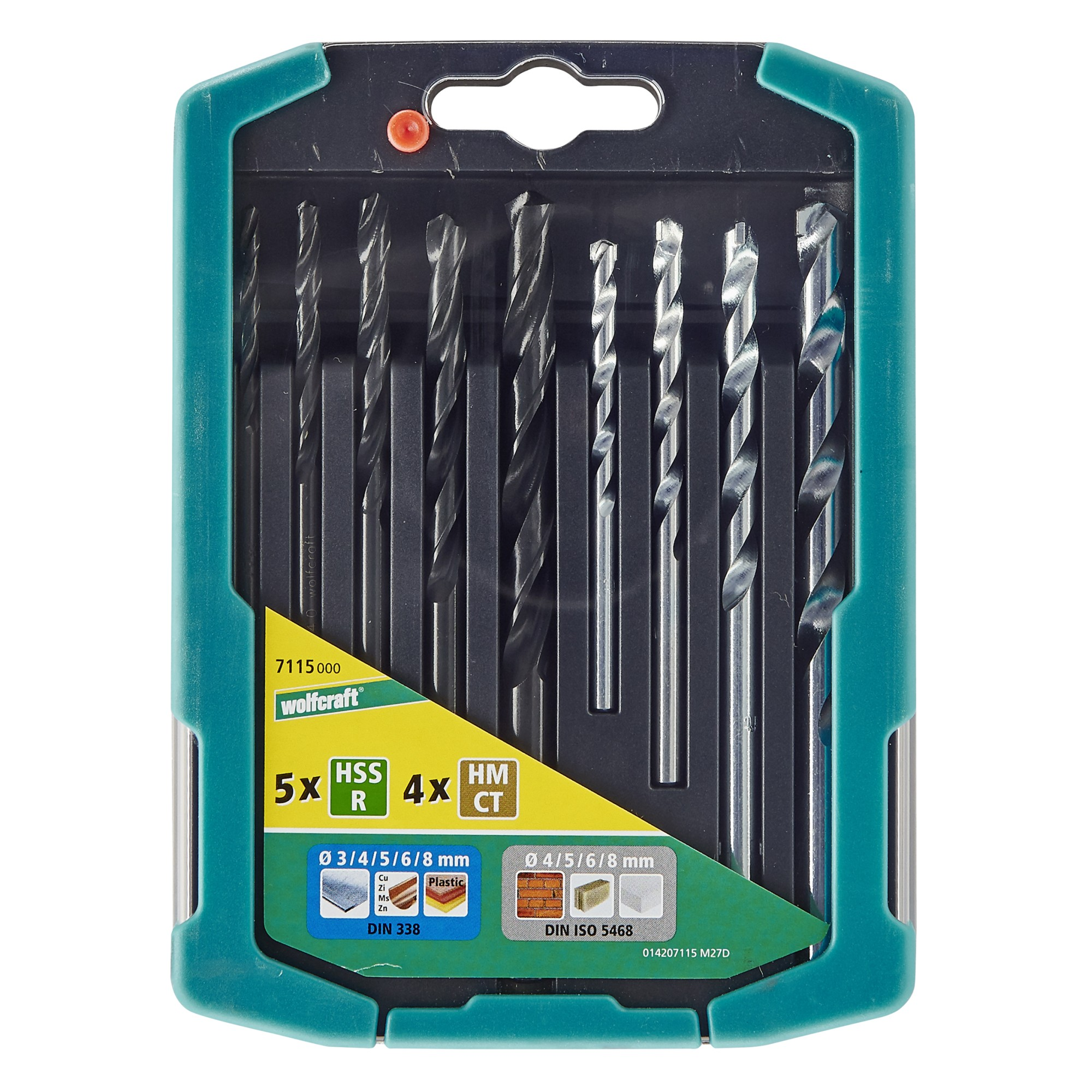 Un juego de brocas en una caja de plástico verde. Contiene varias brocas.