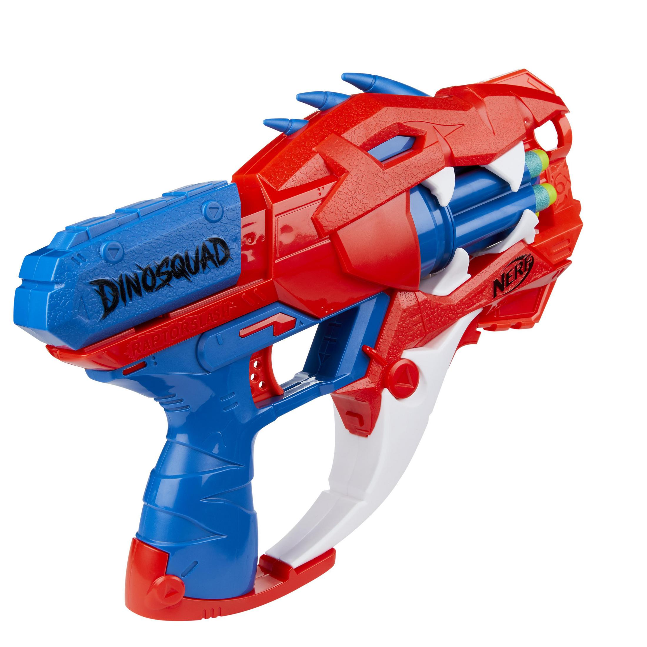 Czerwono-niebieski pistolet Nerf w kształcie dinozaura z trzema strzałkami.