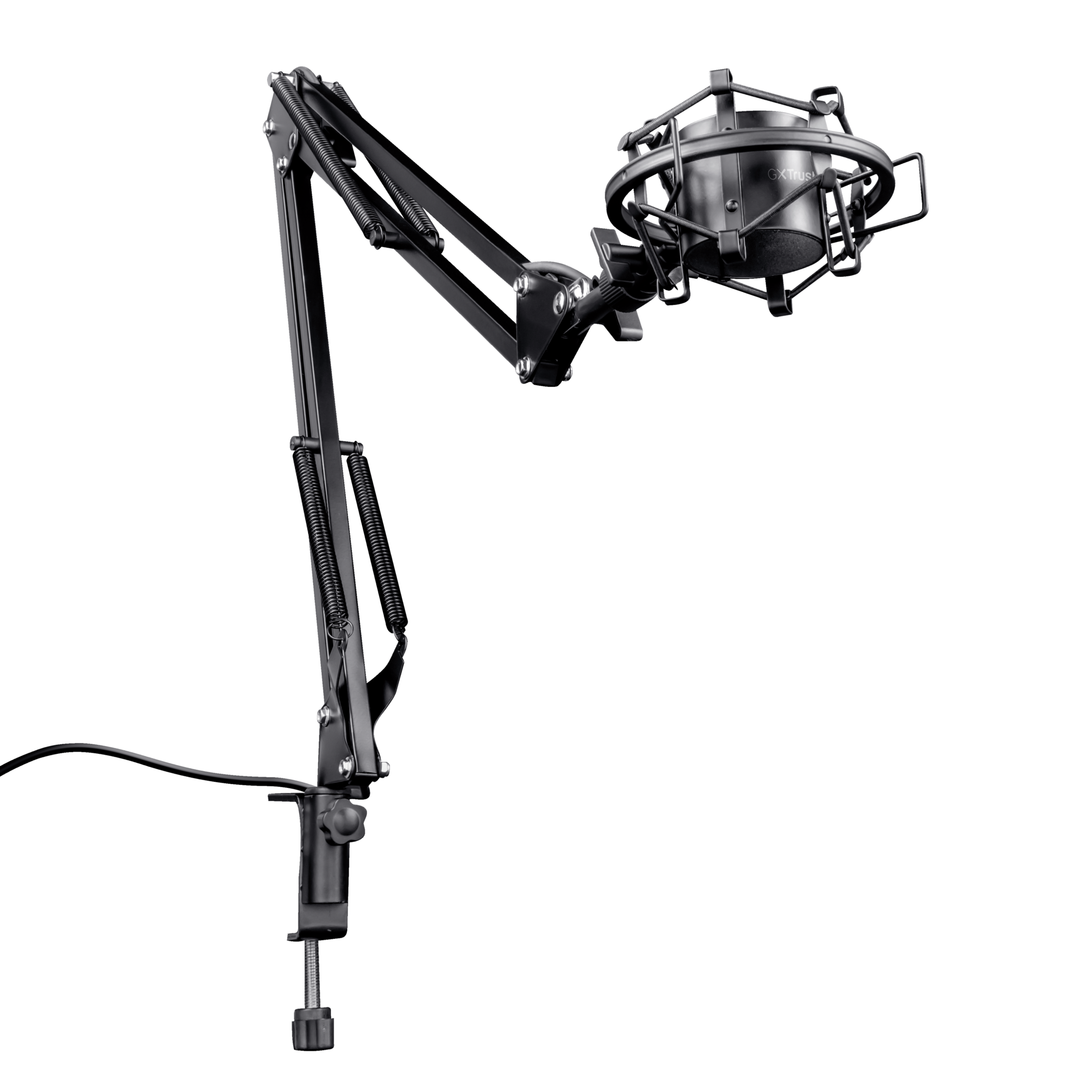 Ein schwarzes Studiomikrofon mit verstellbarem Arm. Das Mikrofon ist vor einem dunklen Hintergrund platziert.