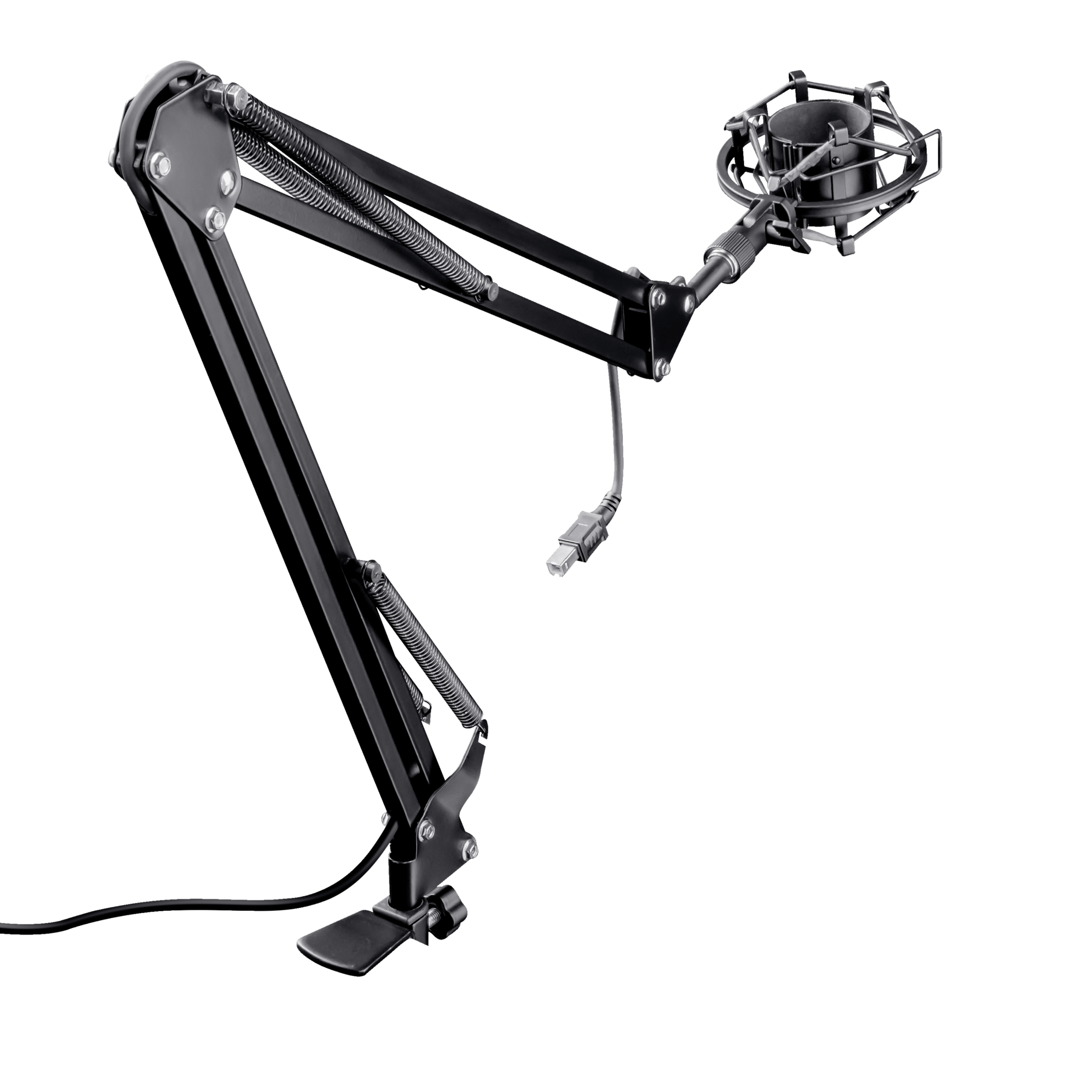 Ein schwarzes Mikrofon mit flexiblem Arm vor schwarzem Hintergrund.