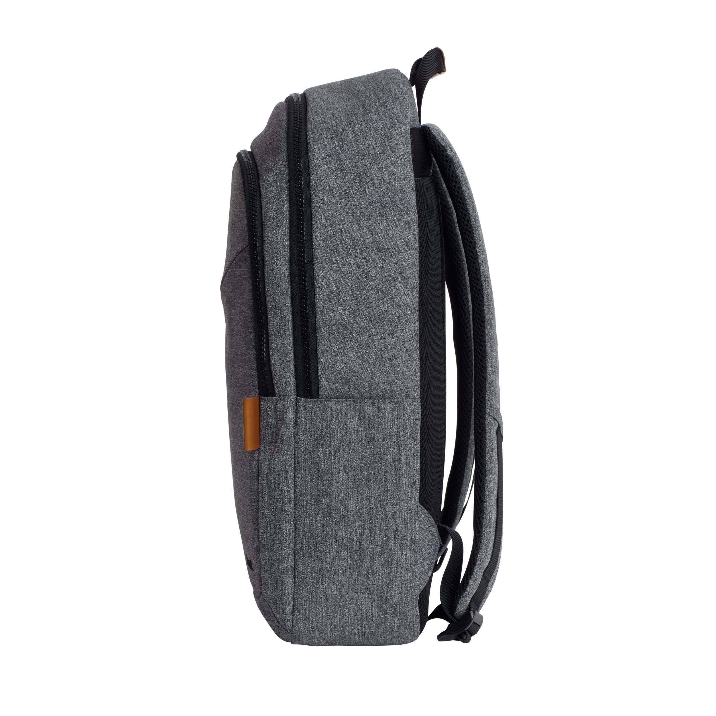 Gray backpack with black zippers and a brown leather tag. It is on a black background.