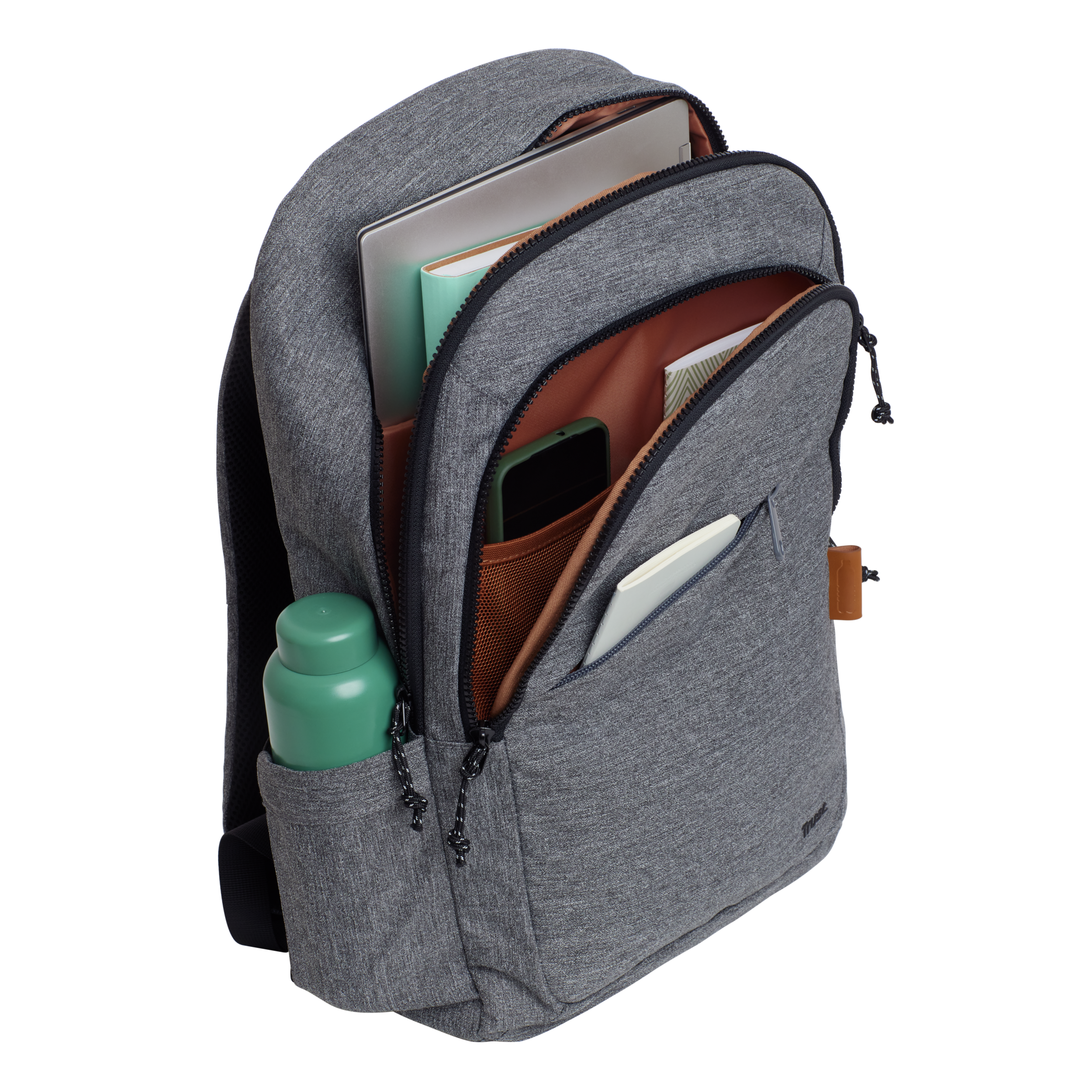 Grey backpack, with multiple compartments. Contains a laptop, notebook, phone and a water bottle.