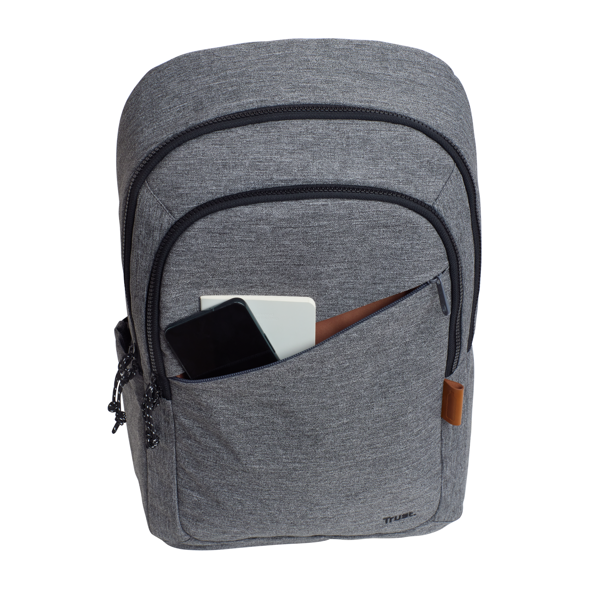 Grey backpack with a front pocket holding a notebook and a phone.