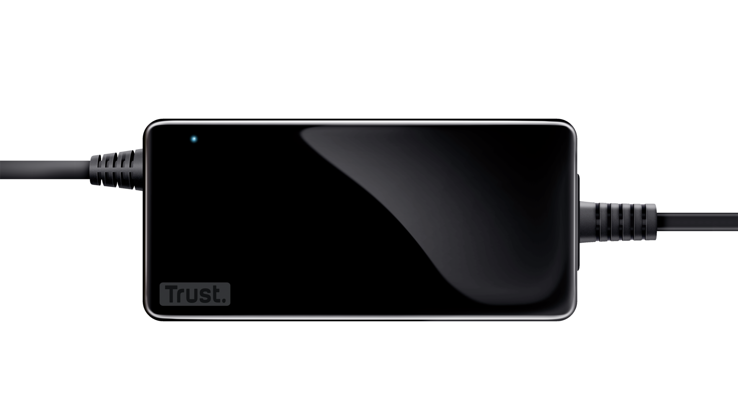 Un adaptateur secteur Trust noir avec un câble noir et une lumière bleue.