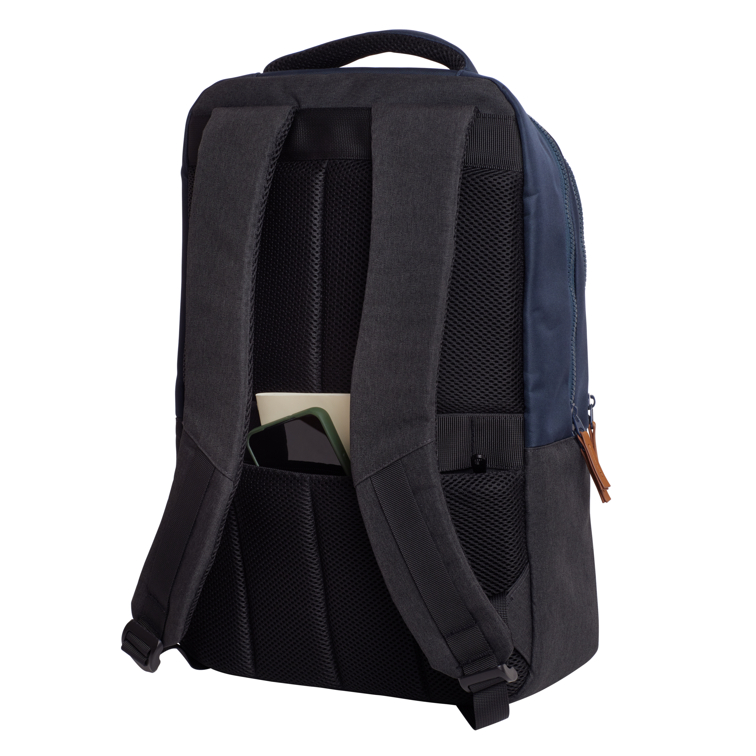 Black and blue backpack. A phone and a card peek from the back pocket.