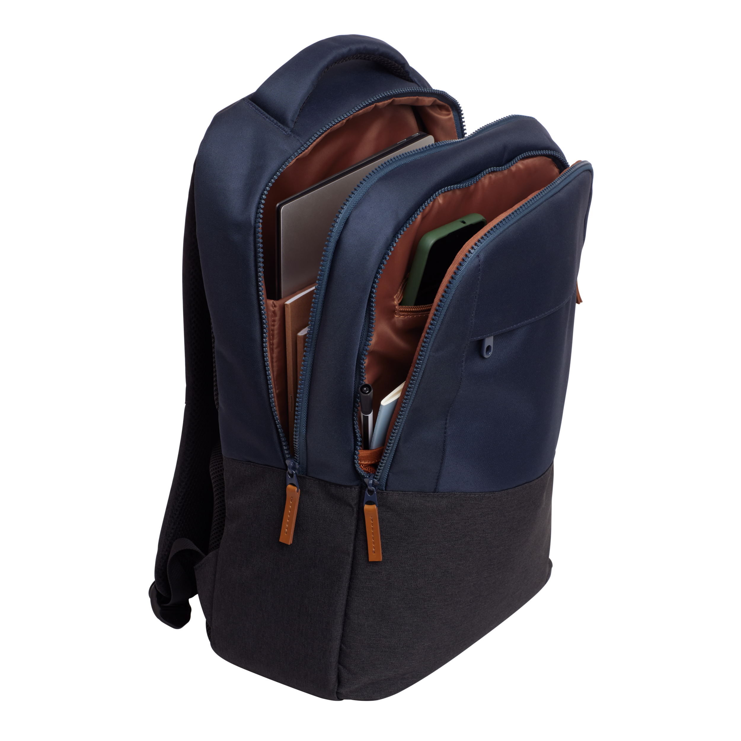 Open blue backpack with laptop, books, pen, and phone visible.