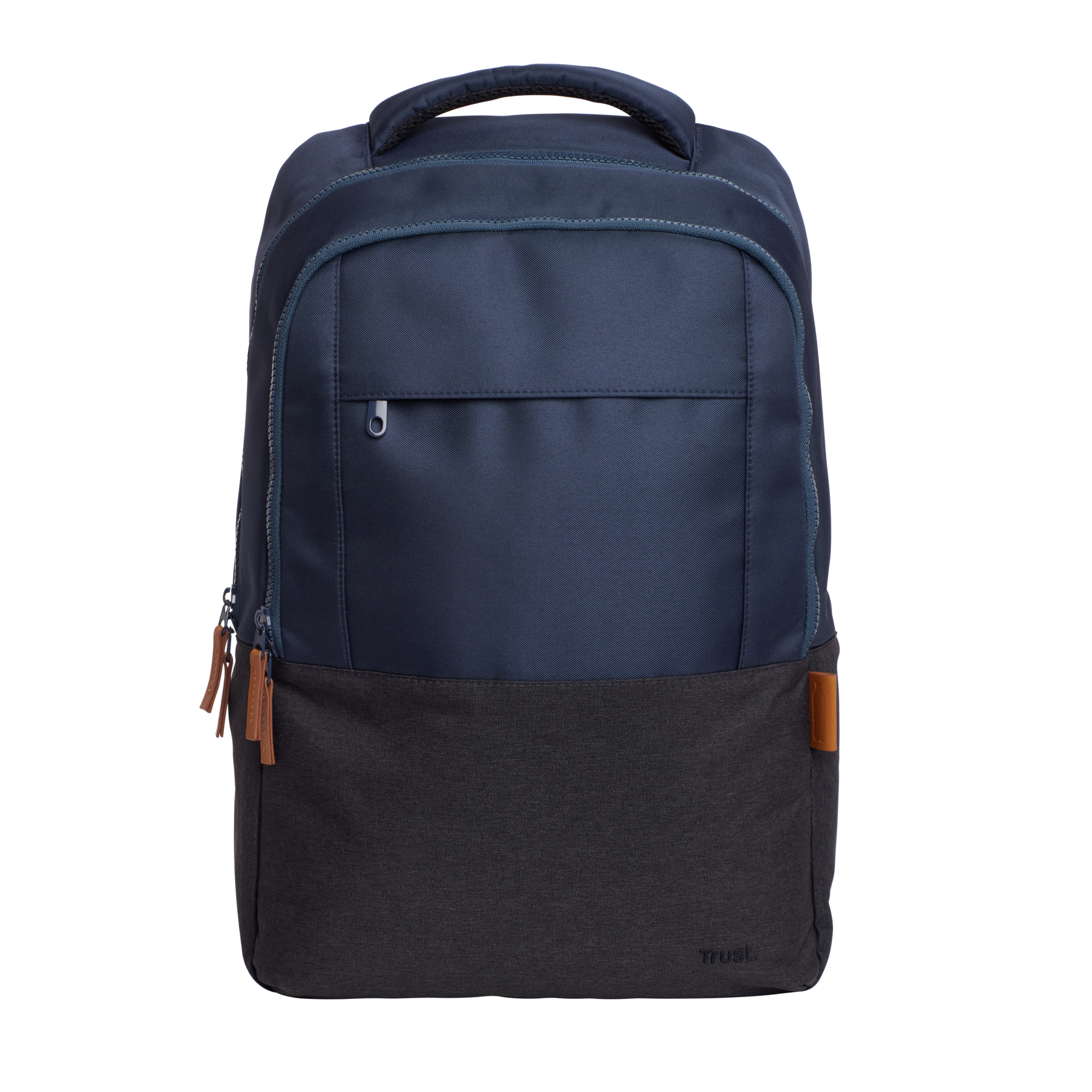 A blue and dark gray backpack with a handle and a small front pocket.