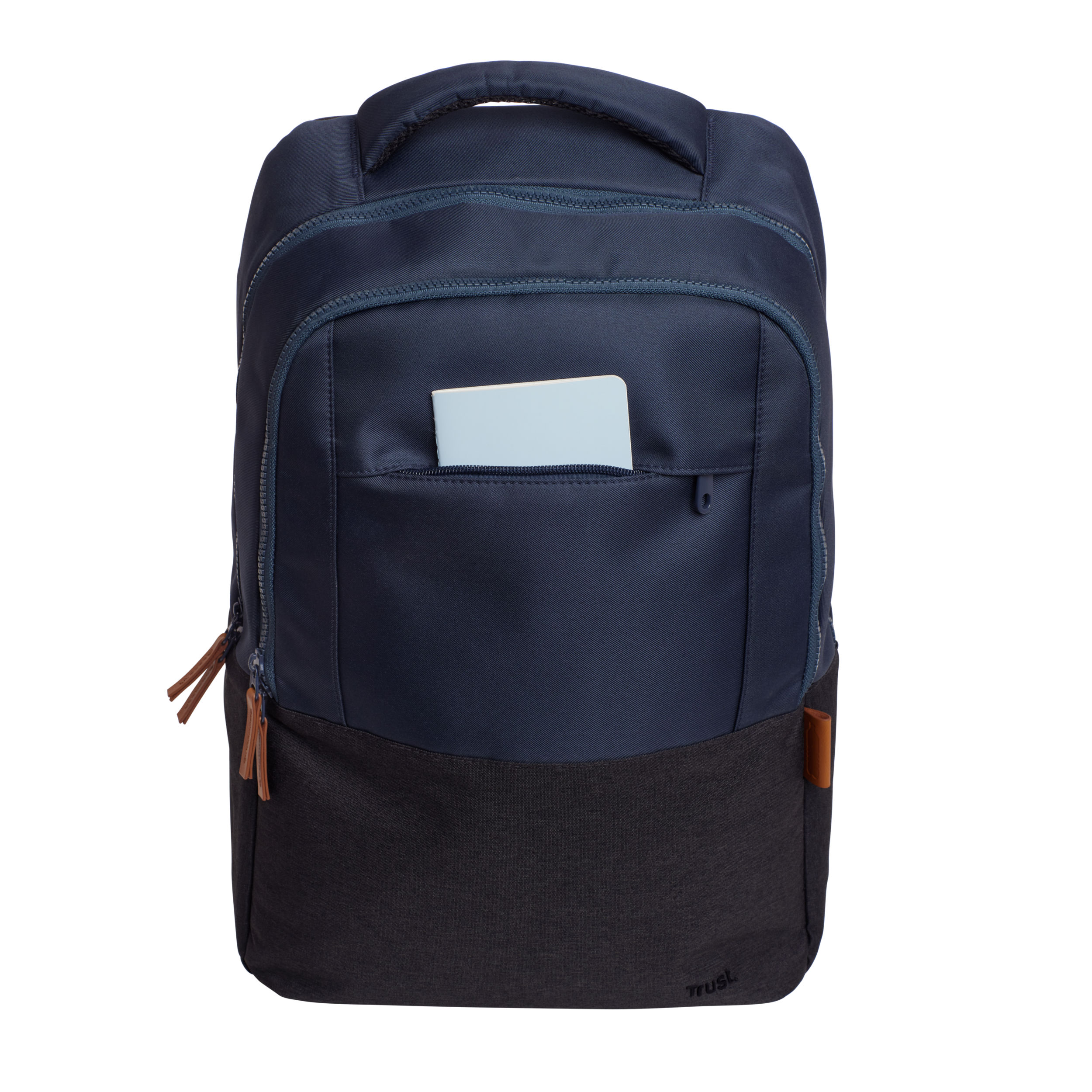 A navy blue and dark grey backpack with a white tablet in the front pocket.