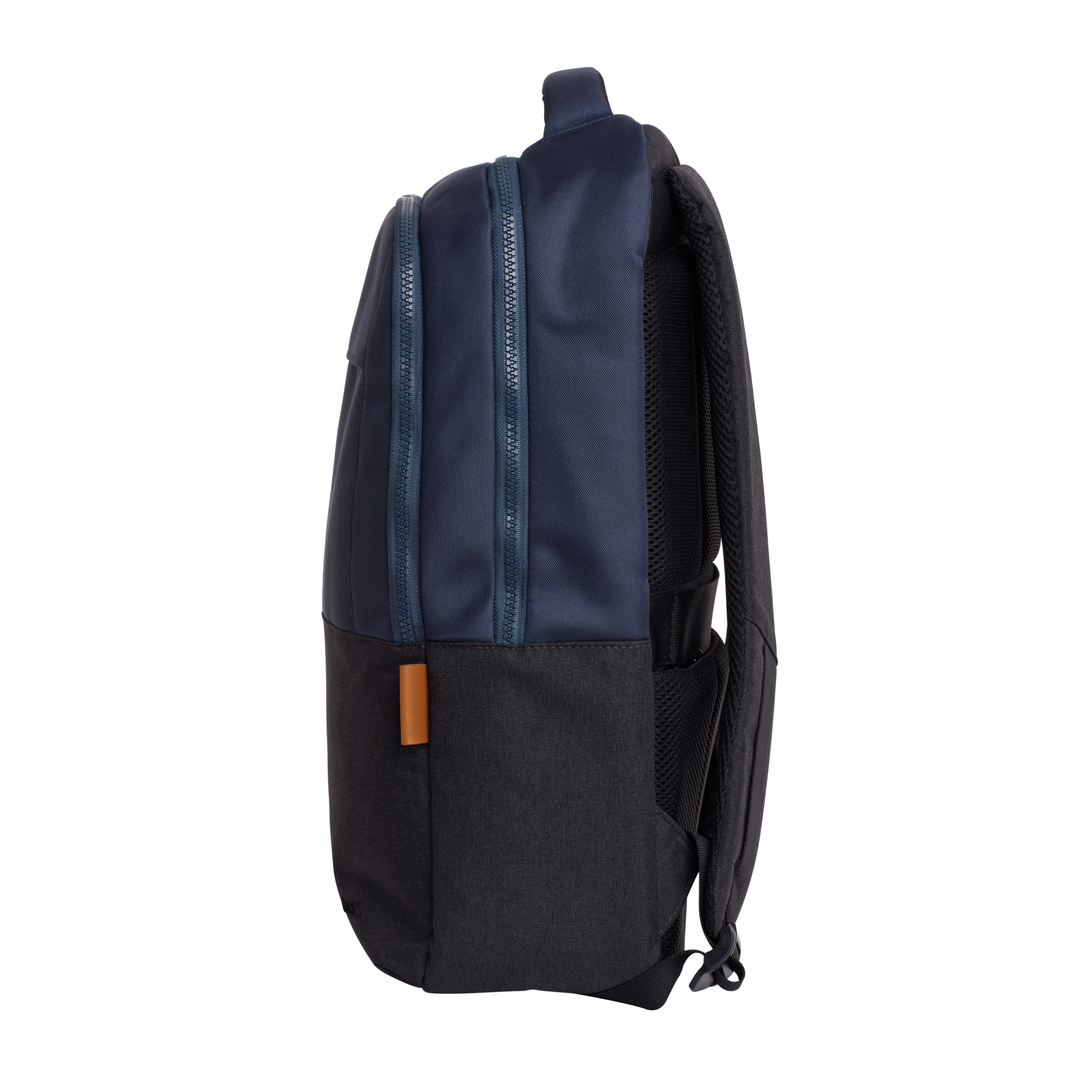 A black and navy backpack with two front zippers. A small brown tag is visible.