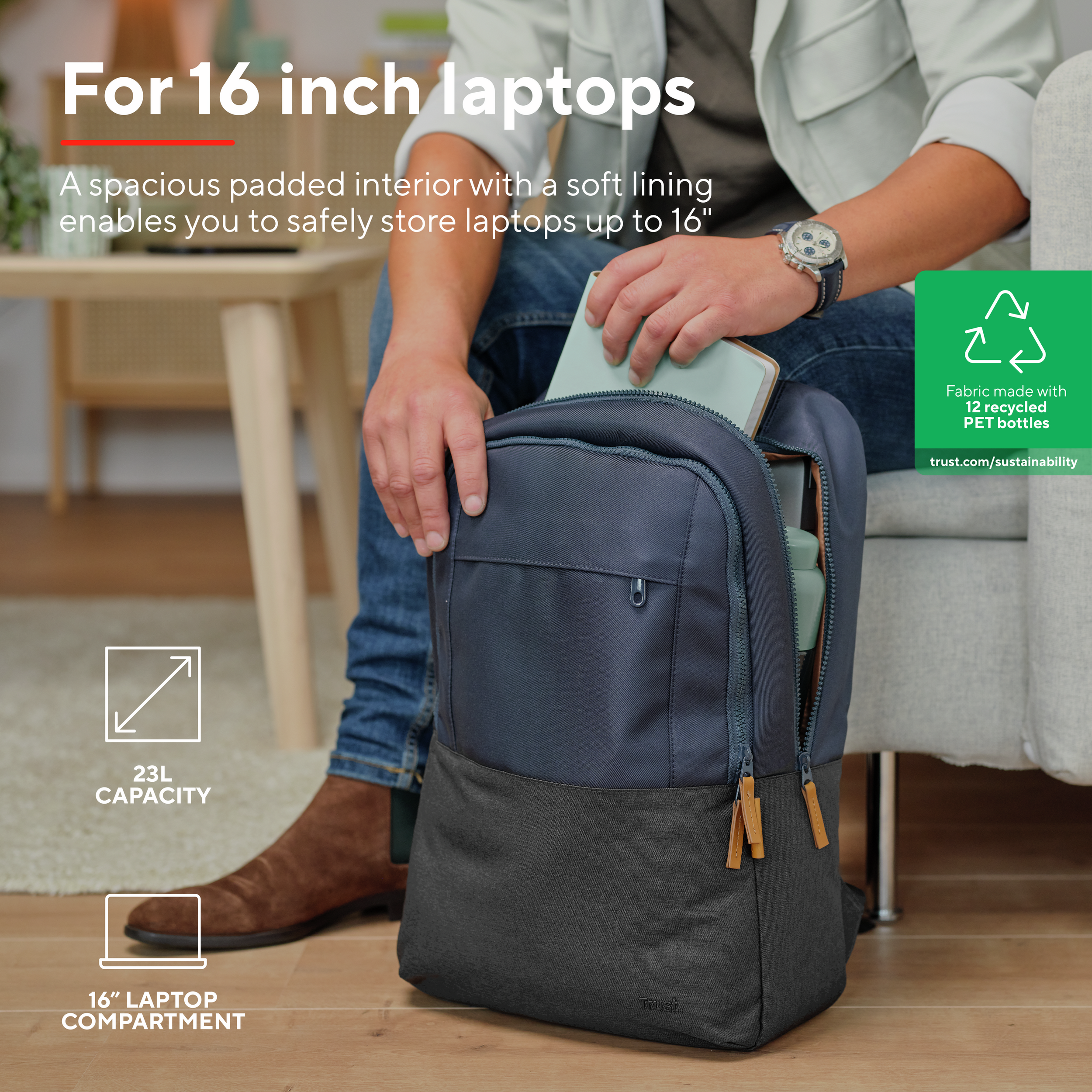 Person packing laptop into a backpack, text about features.