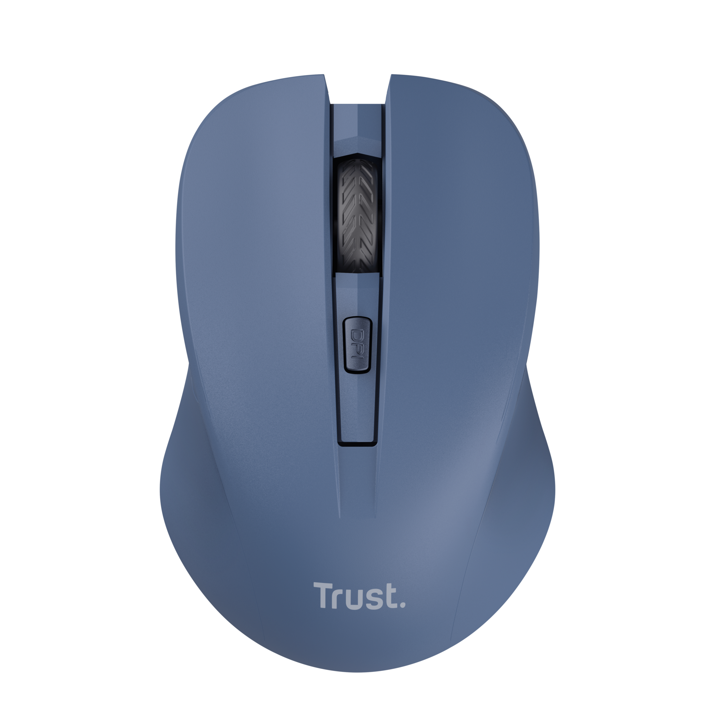 Blaue Computermaus mit Scrollrad und DPI-Taste, auf schwarzem Hintergrund.