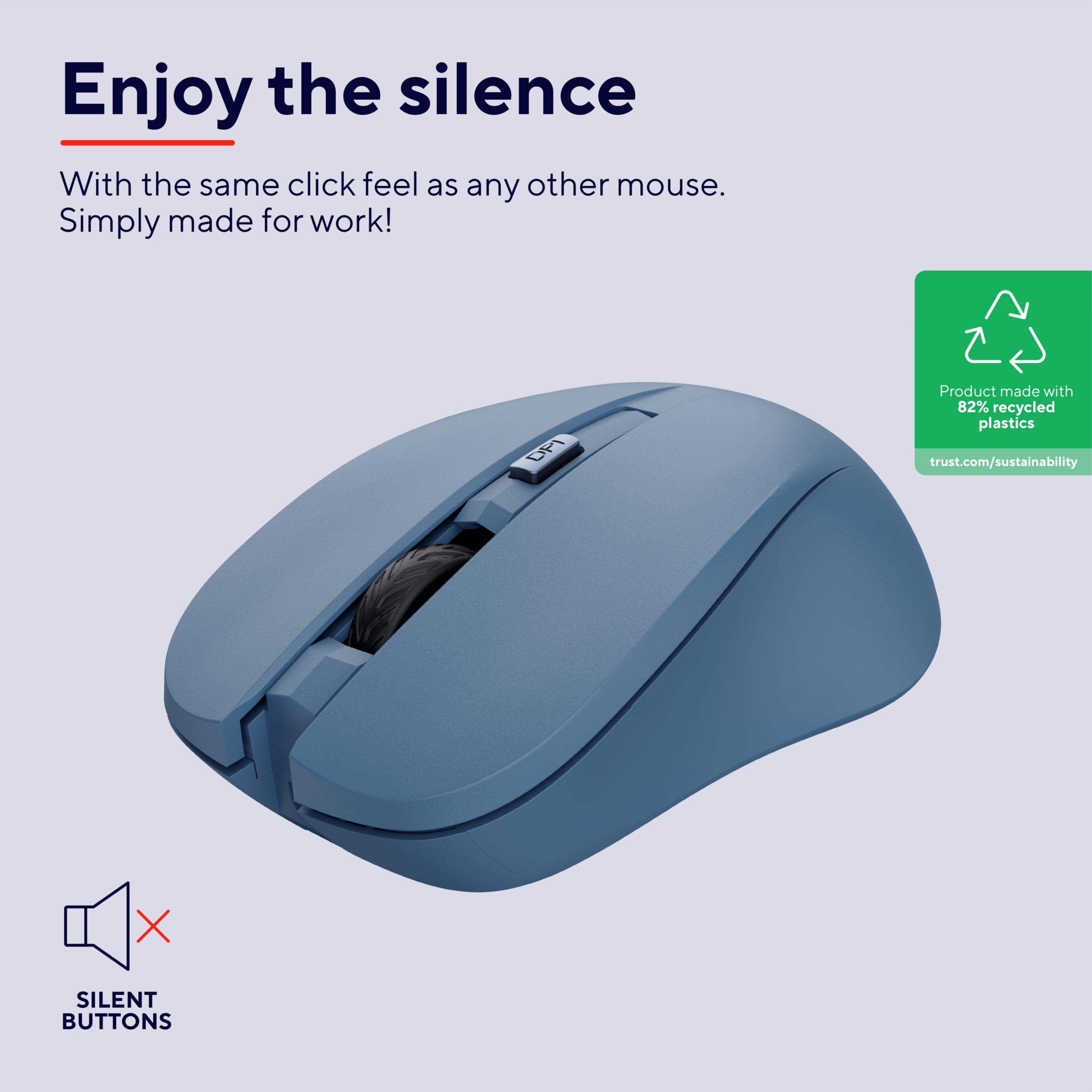 Blaue Maus mit leisen Tasten, auf einer Oberfläche liegend.