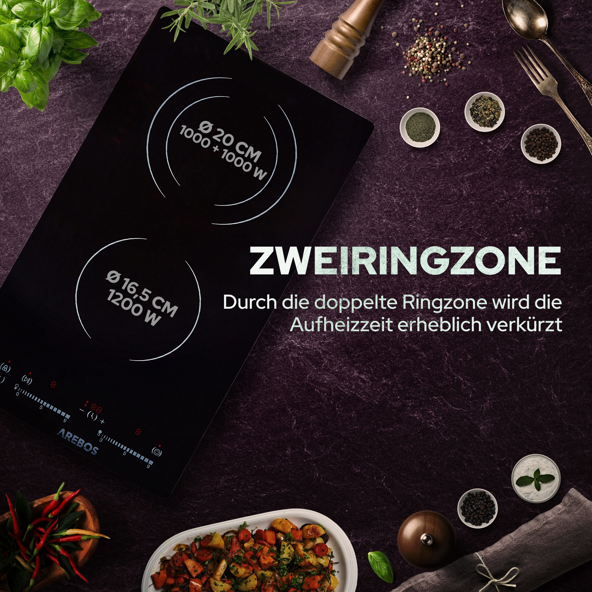 Schwarzes Induktionskochfeld mit zwei Kochzonen und Text, der die Doppelringzone beschreibt.