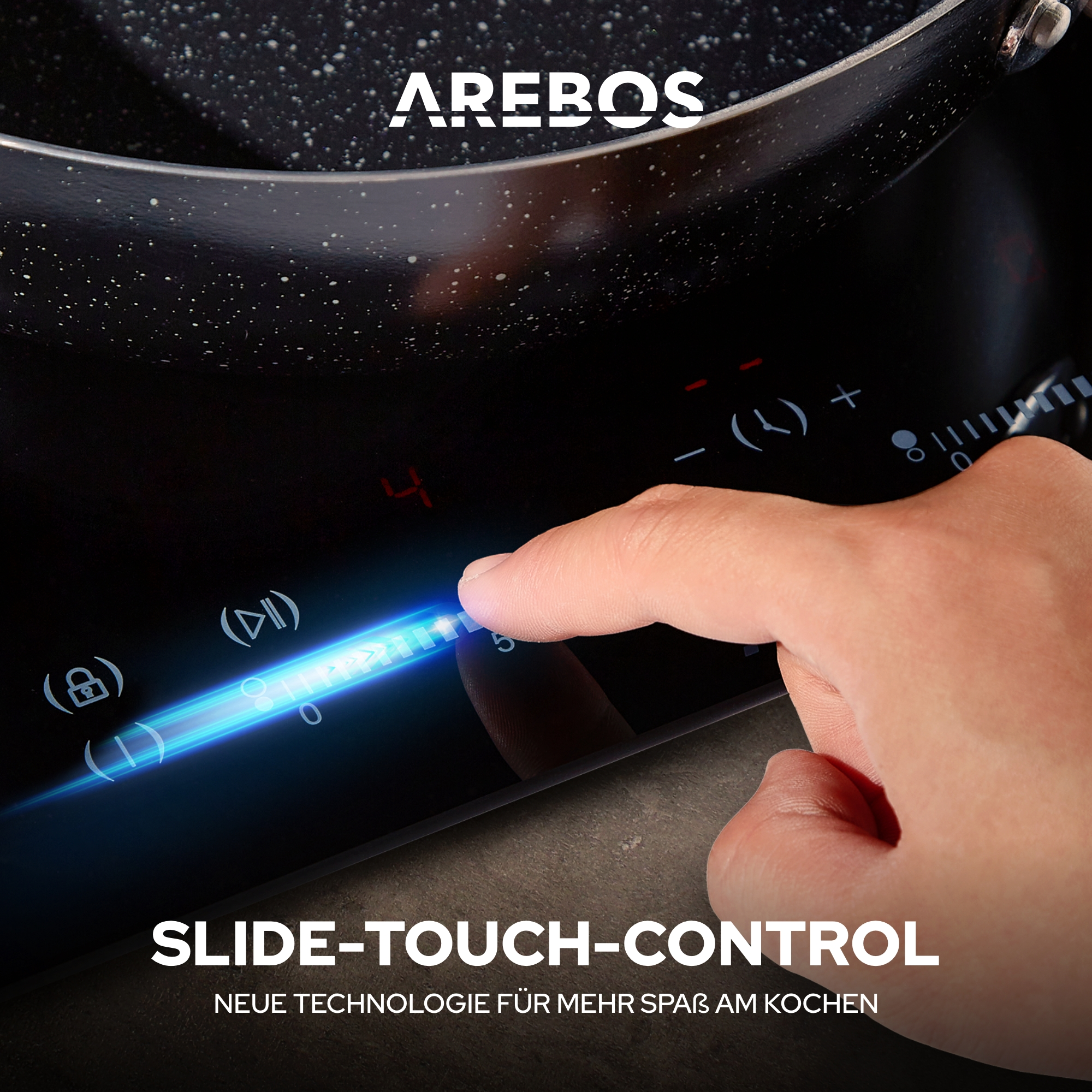 Hand berührt schwarzes Induktionskochfeld mit Slide-Touch-Steuerung. Text: Slide-Touch-Control.