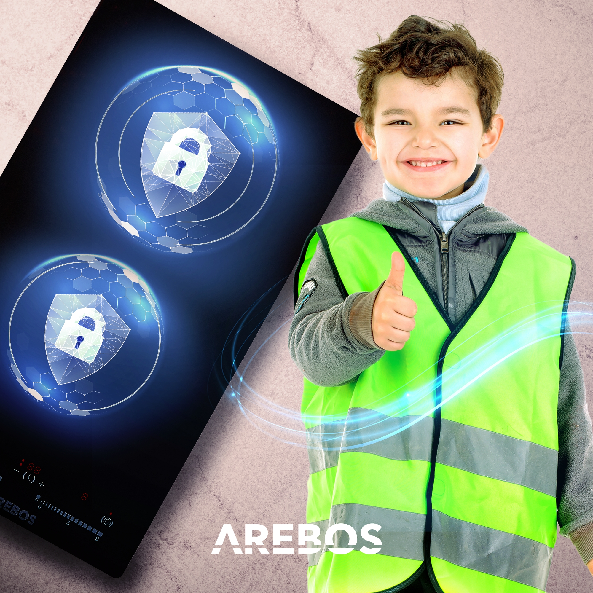 Ein Junge mit Warnweste zeigt Daumen hoch neben einem Arebos Induktionskochfeld mit Schloss-Icons.