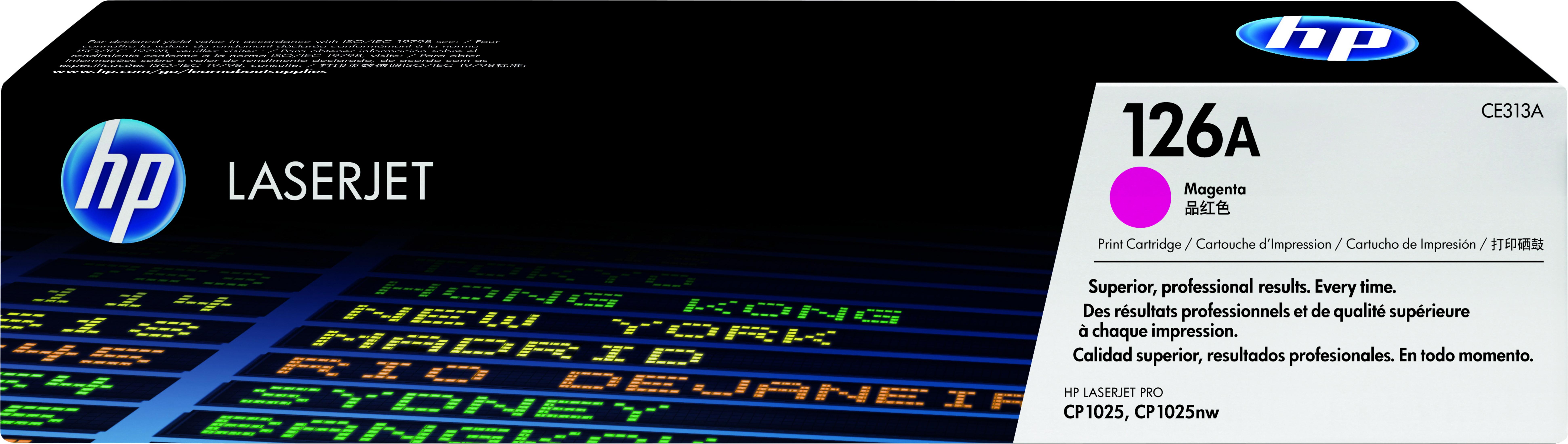 Pudełko z tonerem HP LaserJet 126A w kolorze magenta. Pudełko zawiera obraz tonera w kolorze magenta. Tło jest czarne.