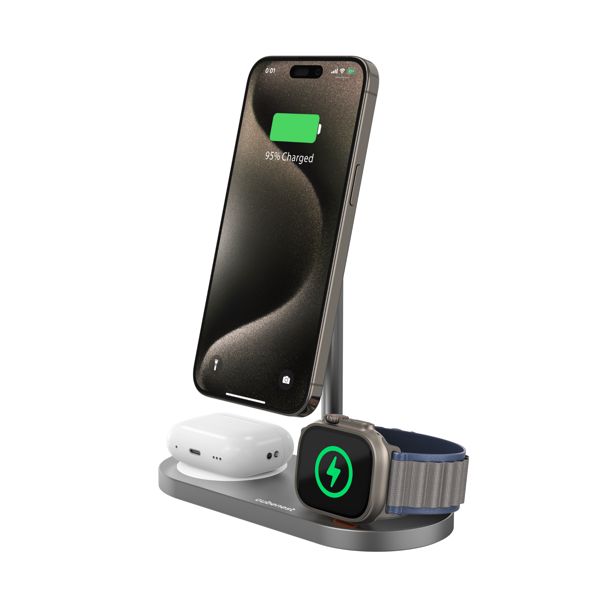 Smartphone e smartwatch su un supporto di ricarica, con un pad di ricarica bianco.