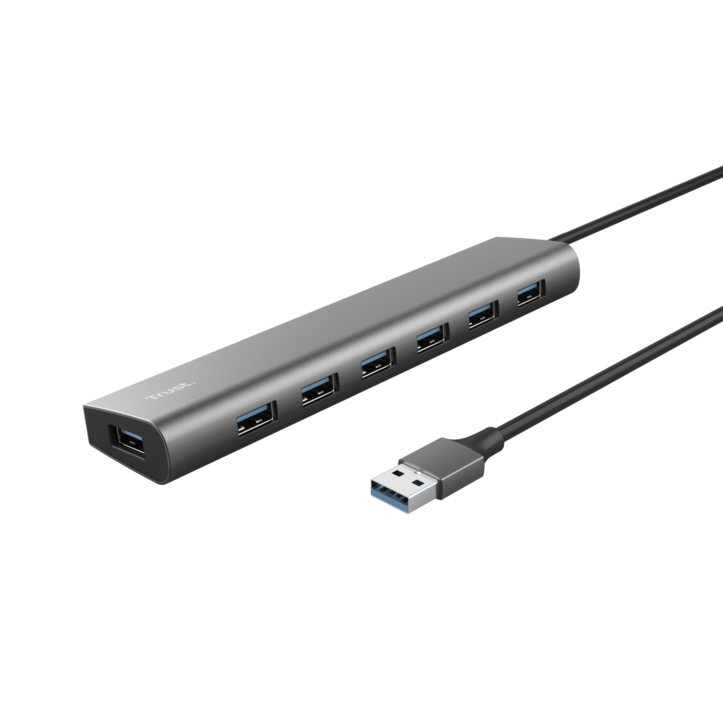 Ein grauer USB-Hub mit sieben Anschlüssen und einem schwarzen USB-Kabel. Der Hintergrund ist schwarz.