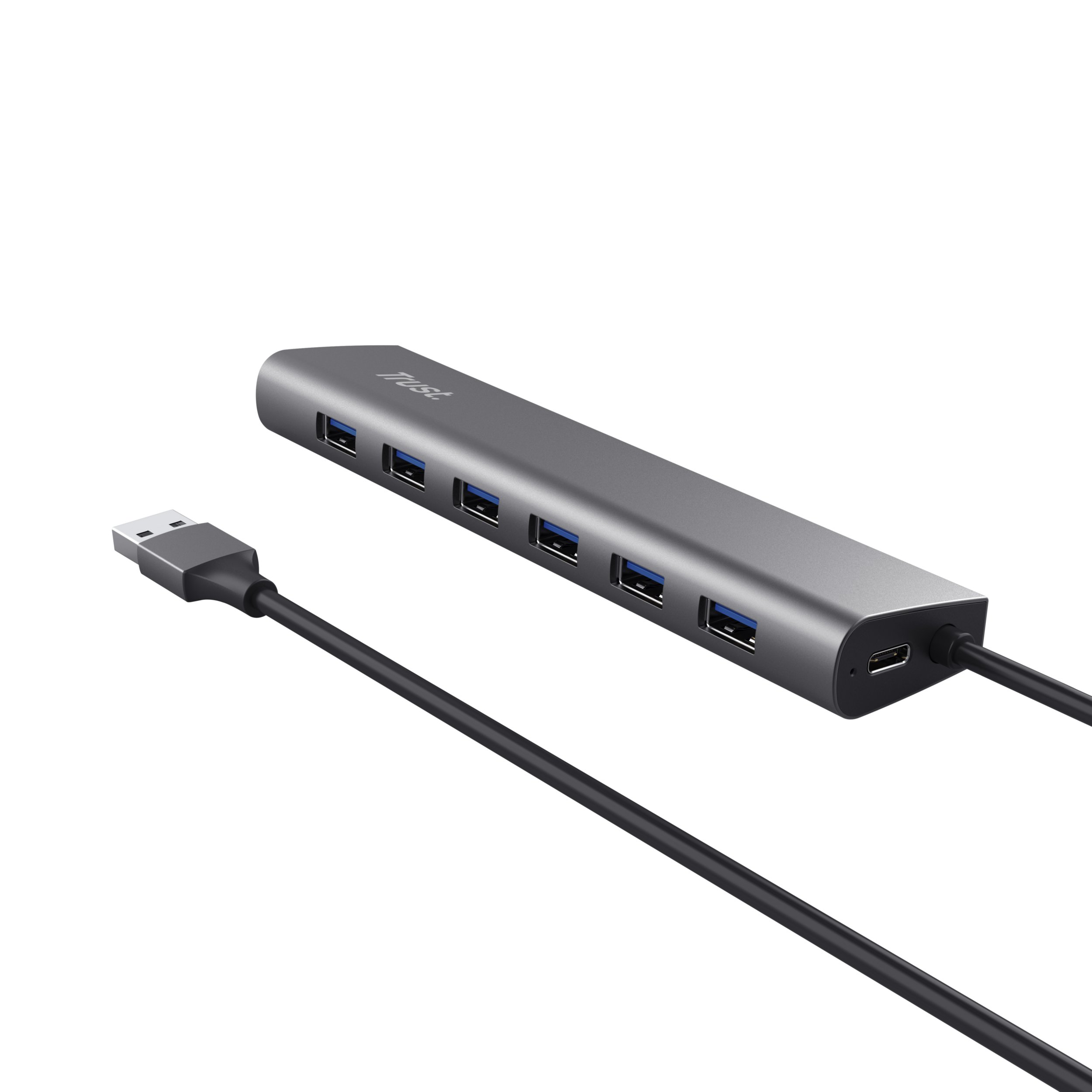 Ein silberner USB-Hub mit mehreren Anschlüssen und einem schwarzen USB-Kabel.