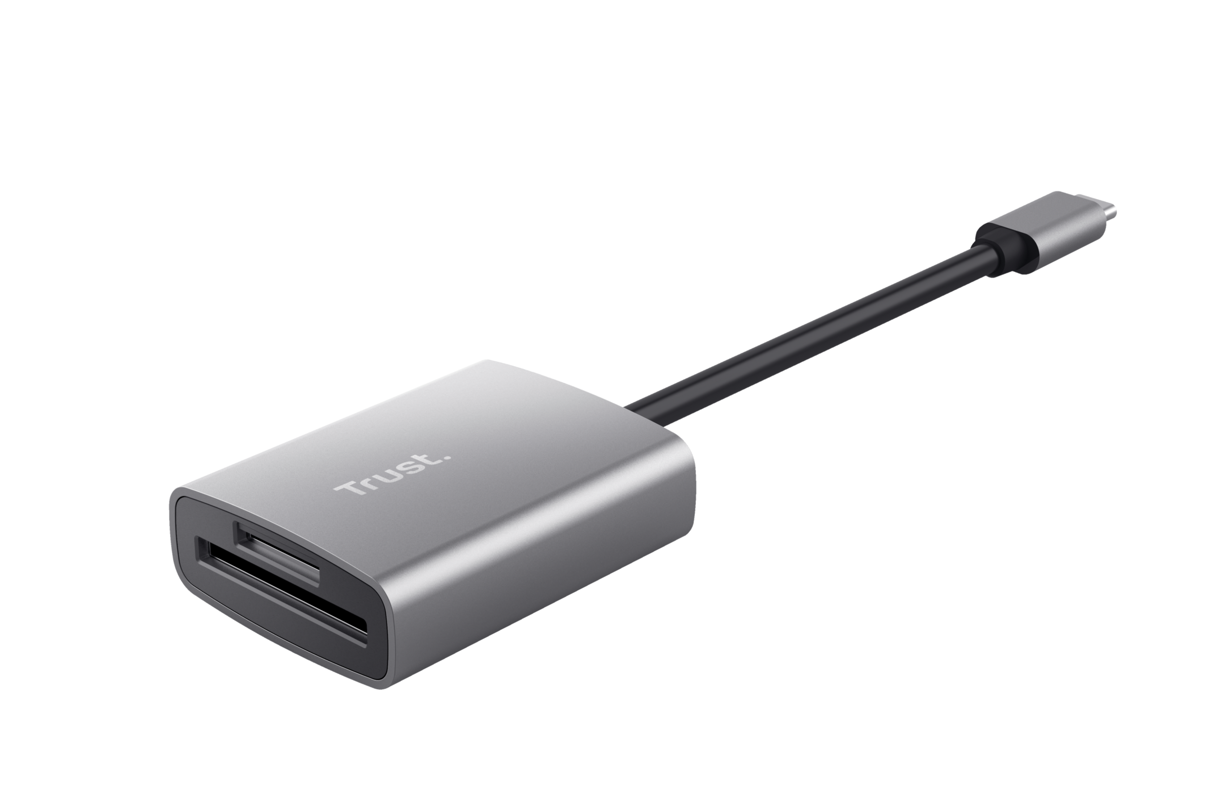 Adaptador de lector de tarjetas plateado con cable y conector USB-C.