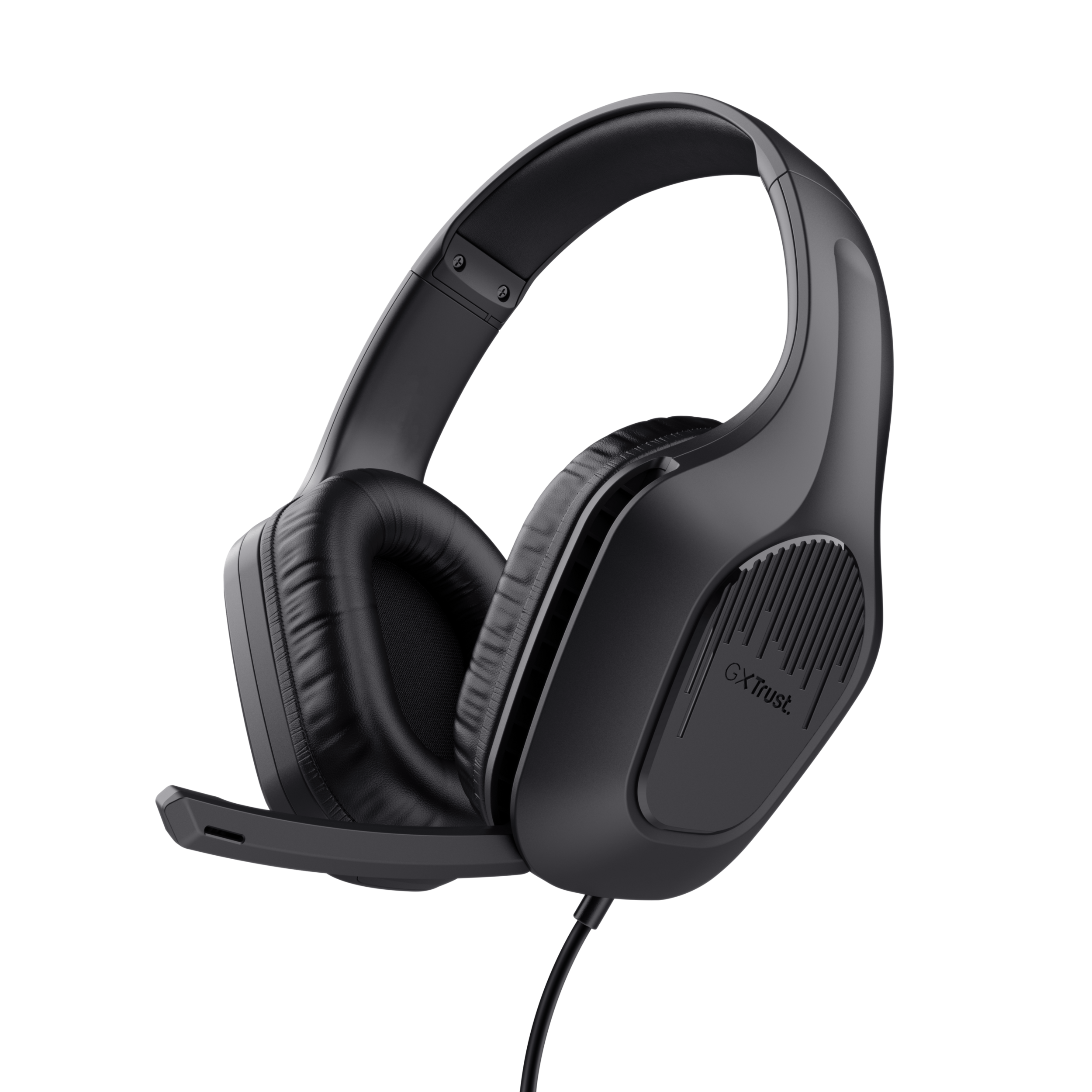 Zwarte gaming headset met microfoon op zwarte achtergrond.