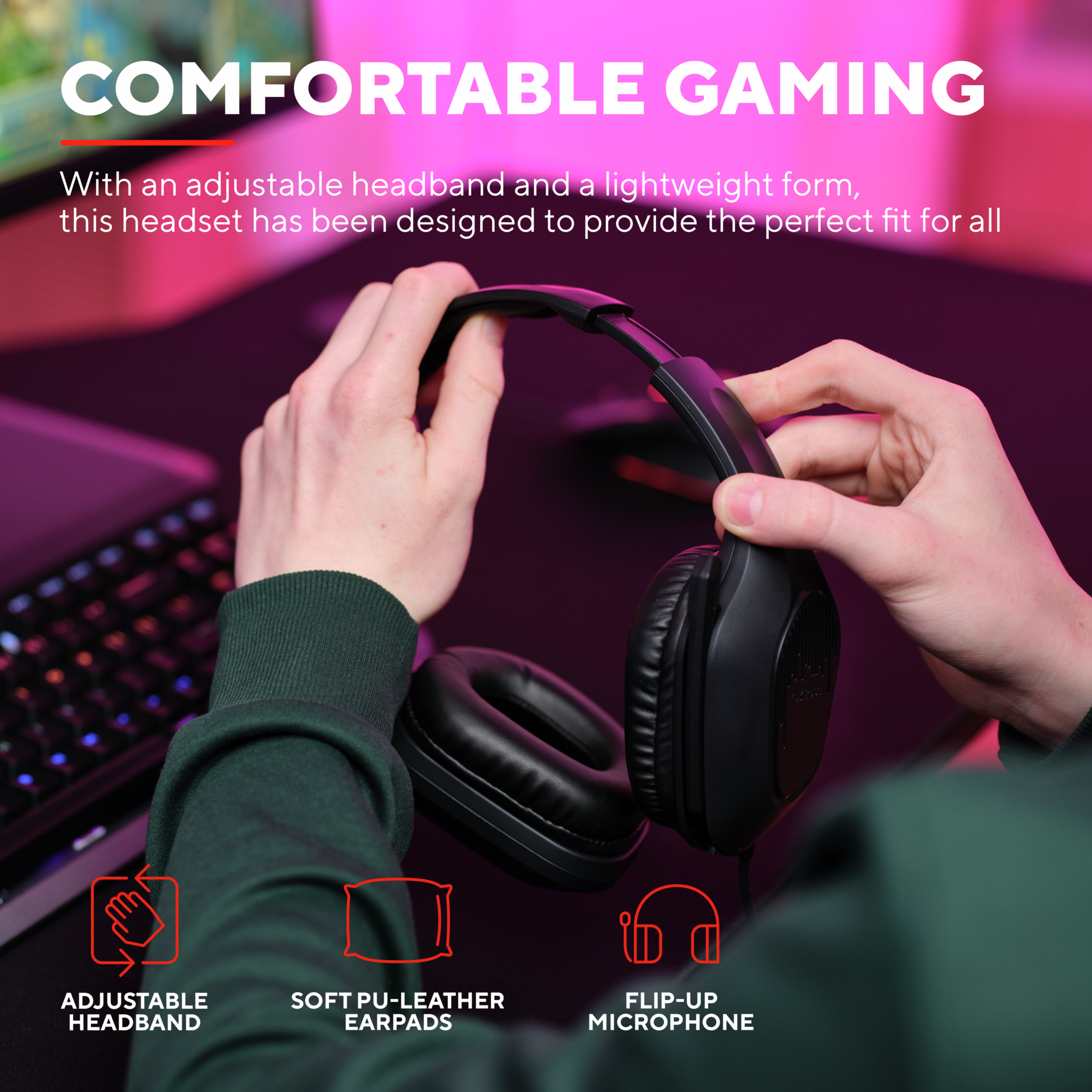 Zwarte gamingheadset met verstelbare hoofdband en opklapbare microfoon op een tafel.