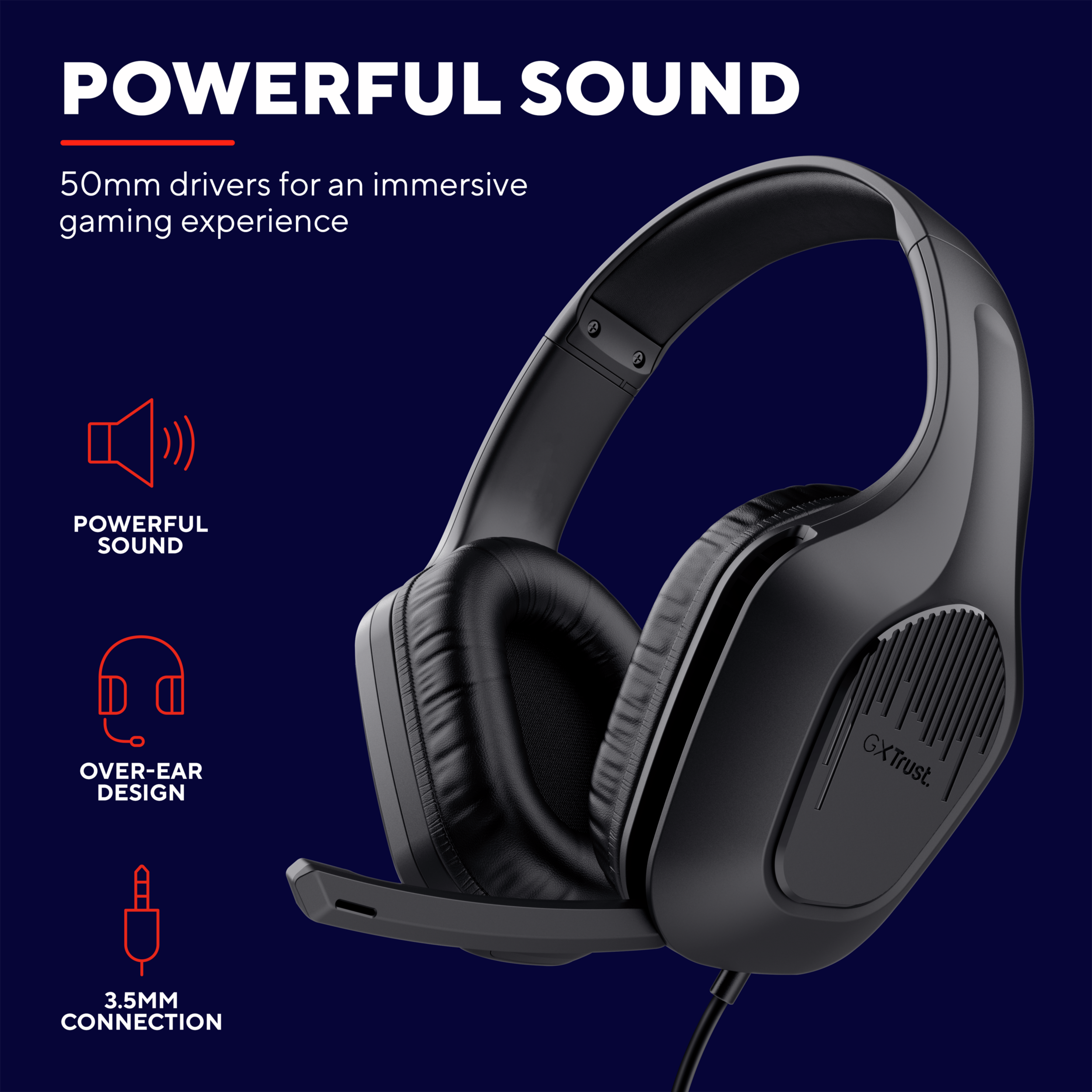 Zwarte gaming headset met microfoon, over-ear design en een 3,5mm aansluiting, tekst overlay.