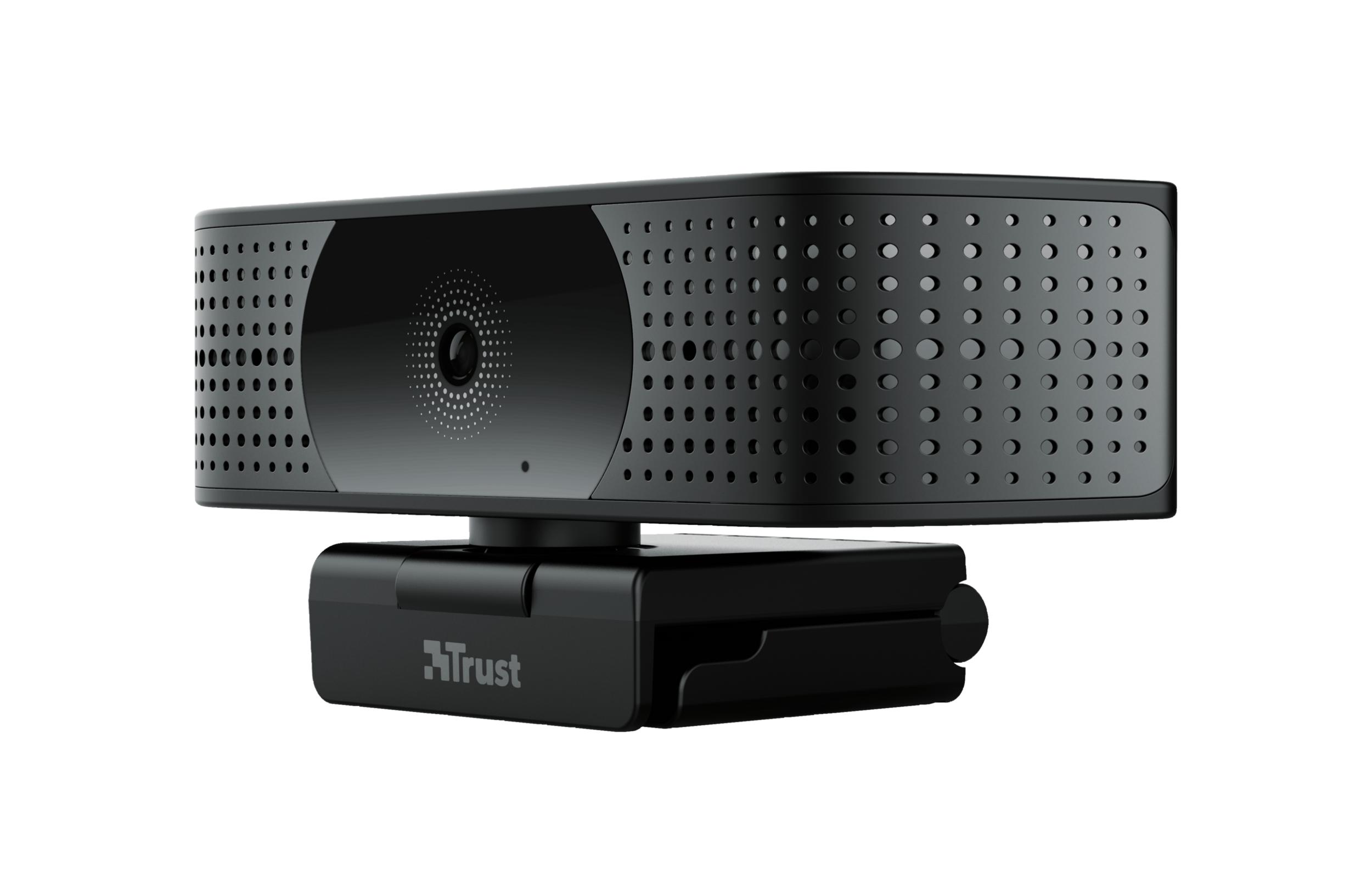 Czarna kamera internetowa na czarnym stojaku. Posiada obiektyw i perforacje.