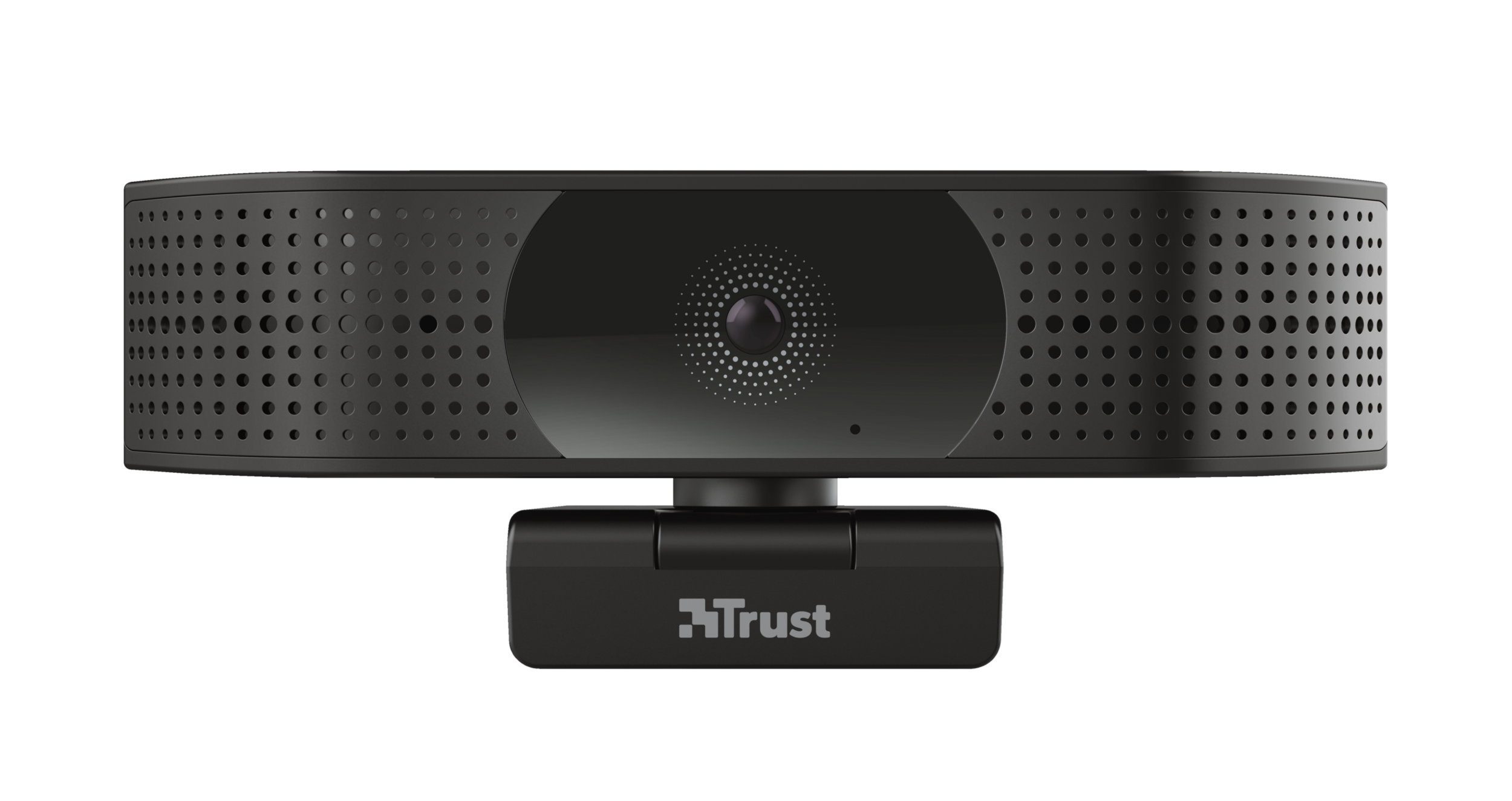 Czarna kamera internetowa z logo Trust. Posiada mikrofon i obiektyw kamery.