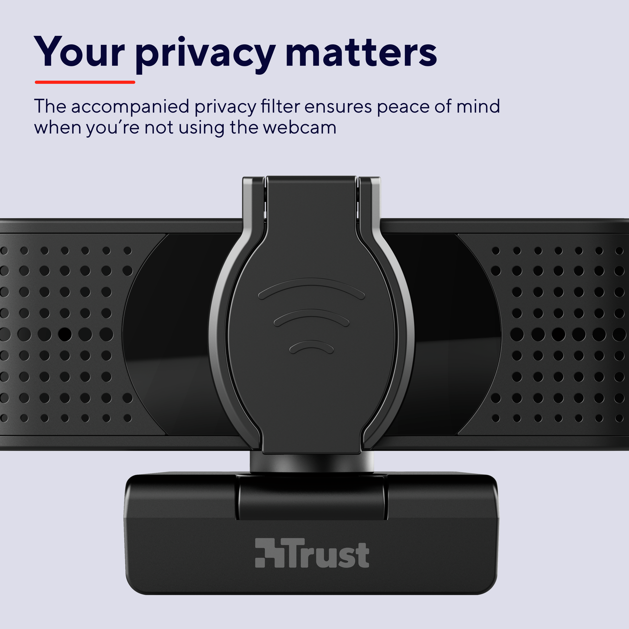 Czarna kamera internetowa z osłoną prywatności, tekst: Twoja prywatność jest ważna.