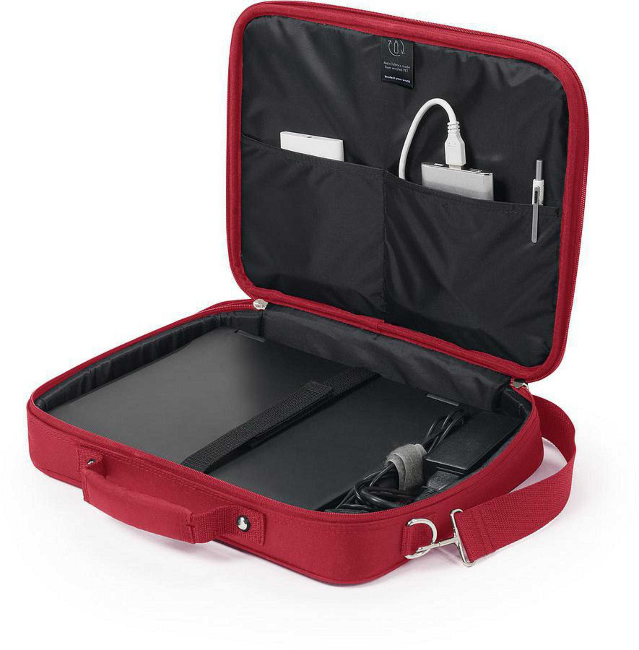 Rote Laptoptasche, offen, mit Laptop, Ladegerät und Zubehör. Sie hat einen Schultergurt.