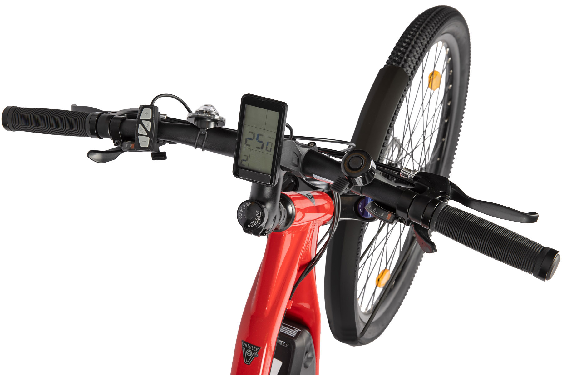 Roter Fahrradlenker mit Geschwindigkeitsanzeige. Schwarze Griffe und Vorderrad.
