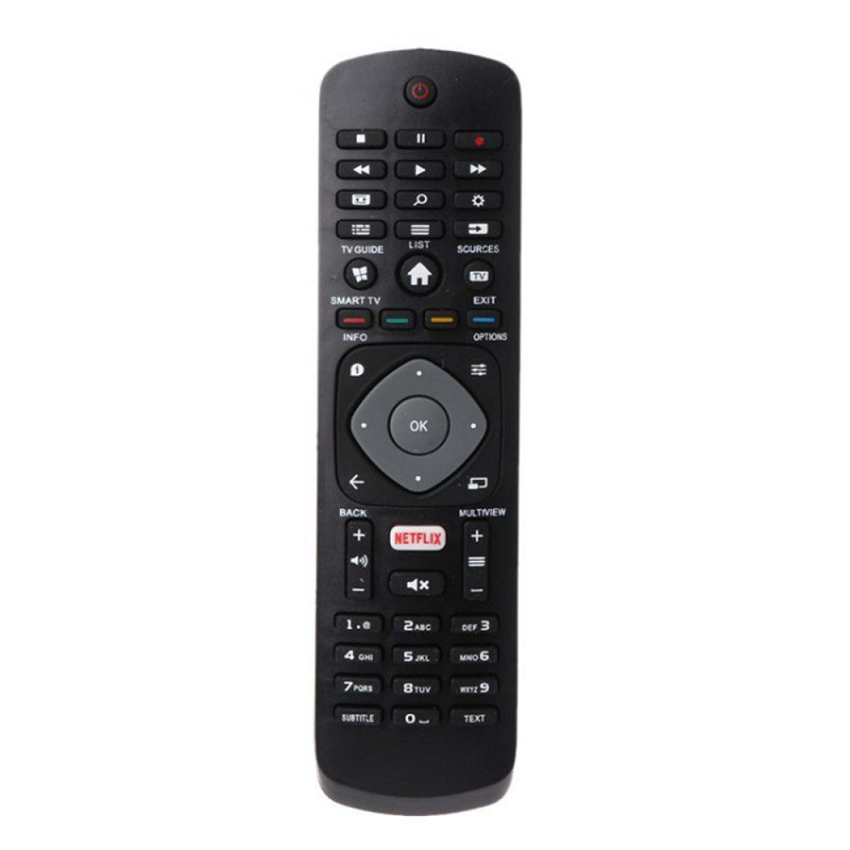 Schwarze TV-Fernbedienung mit mehreren Tasten, einschließlich einer Netflix-Taste. Sie ist auf weißem Hintergrund.
