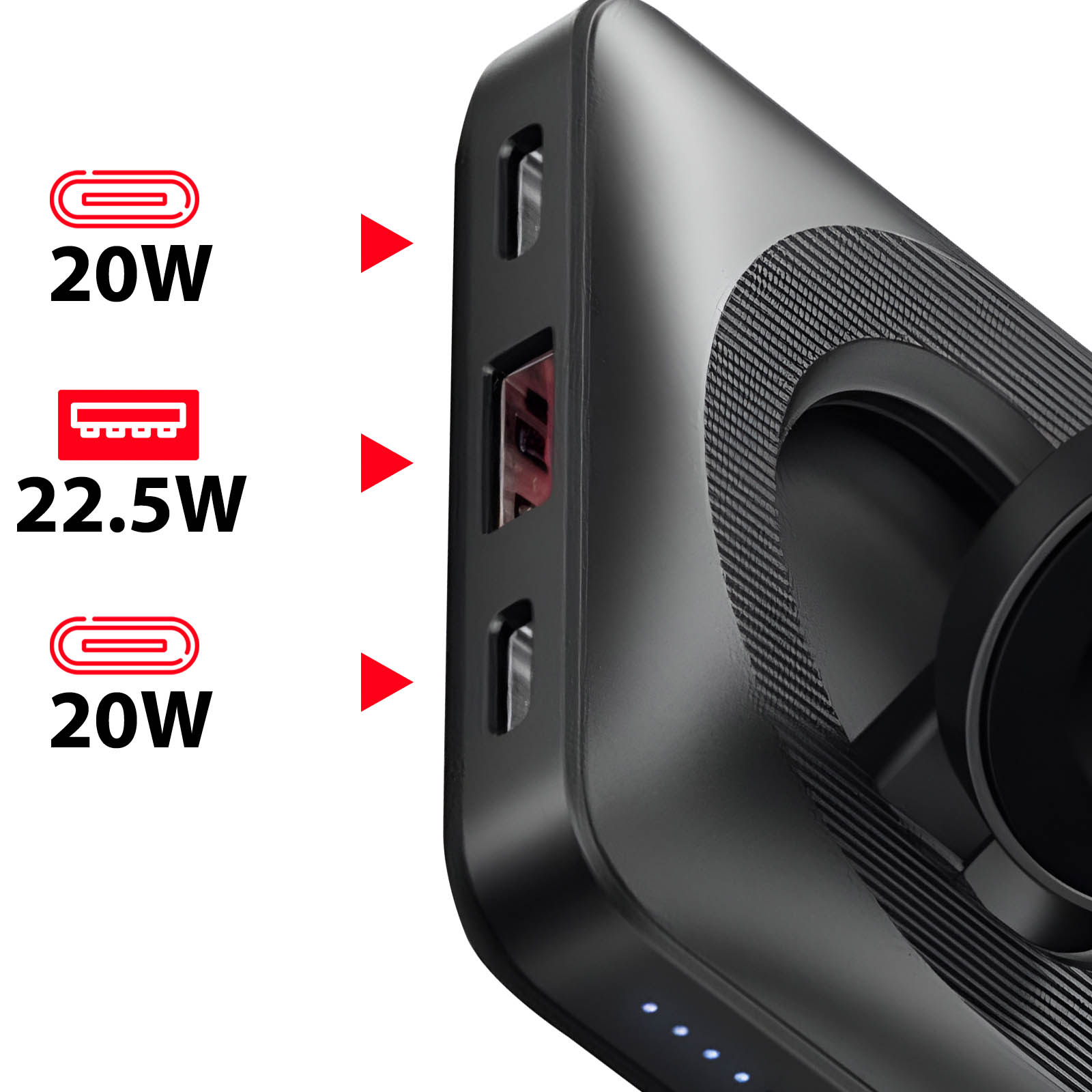 Une batterie externe noire avec plusieurs ports et des indicateurs de sortie d'alimentation.