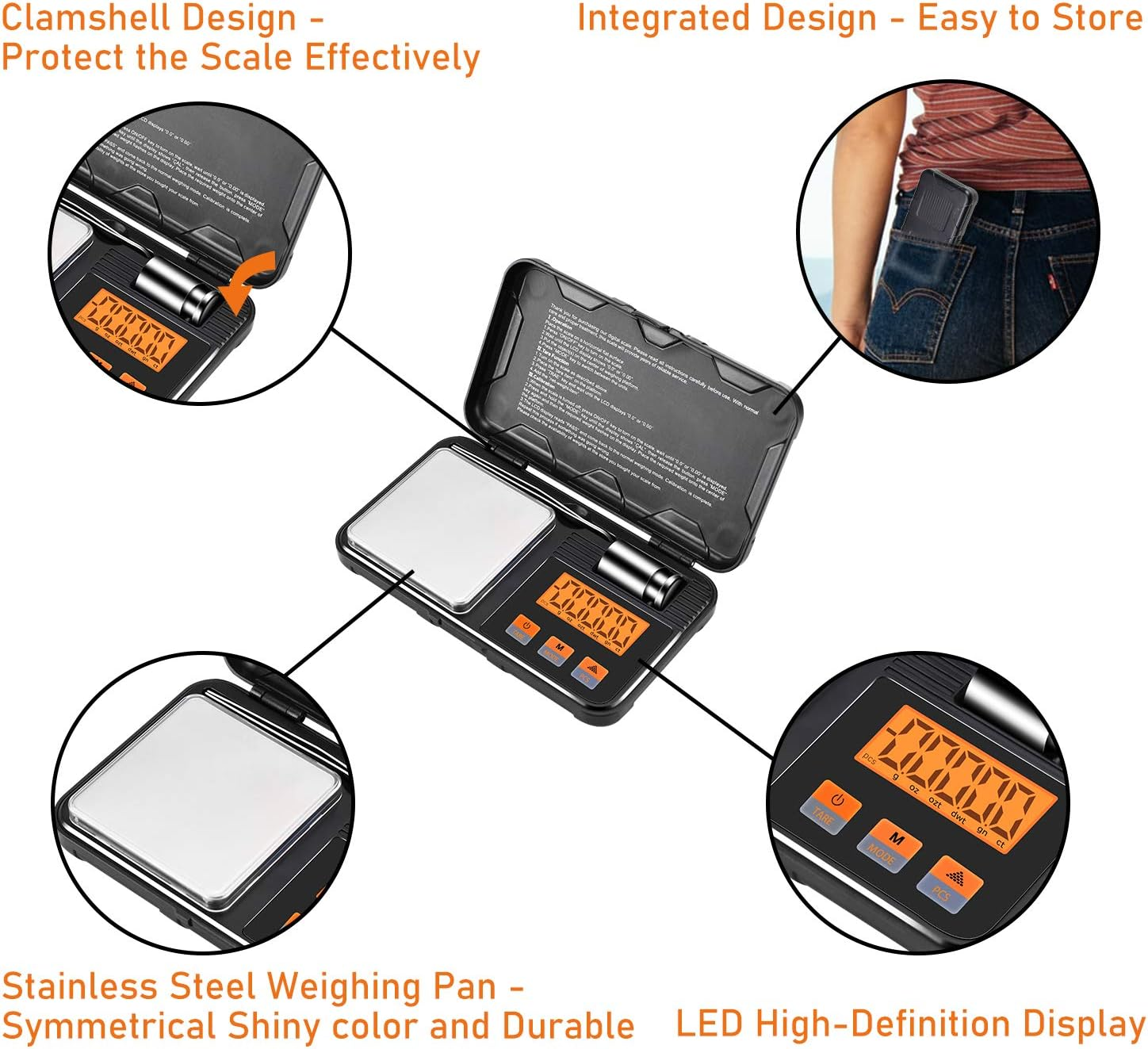 Schwarze Digitalwaage mit Edelstahl-Wiegeschalen. Mit LED-Anzeige und Klappschalen-Design.