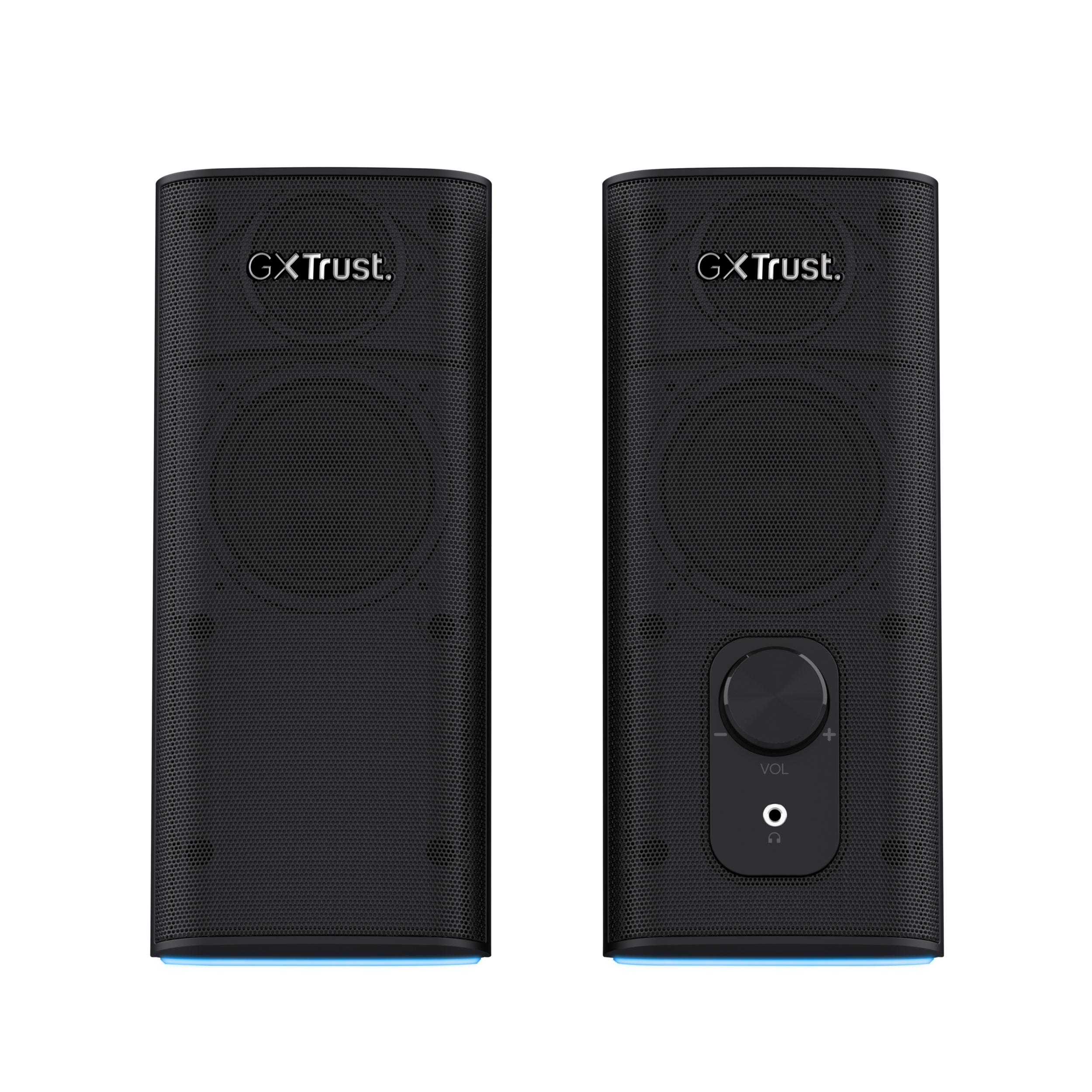 Dwa czarne głośniki GXTrust na czarnym tle. Jeden ma pokrętło głośności.