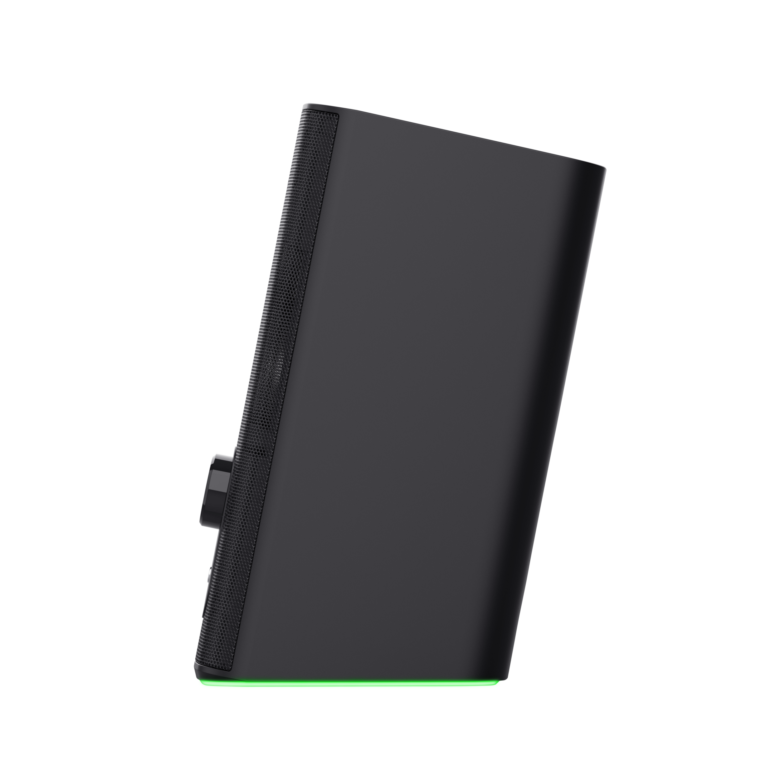 Czarny głośnik z jasnozieloną podstawą. Jest na czarnym tle. Widoczny jest bok.