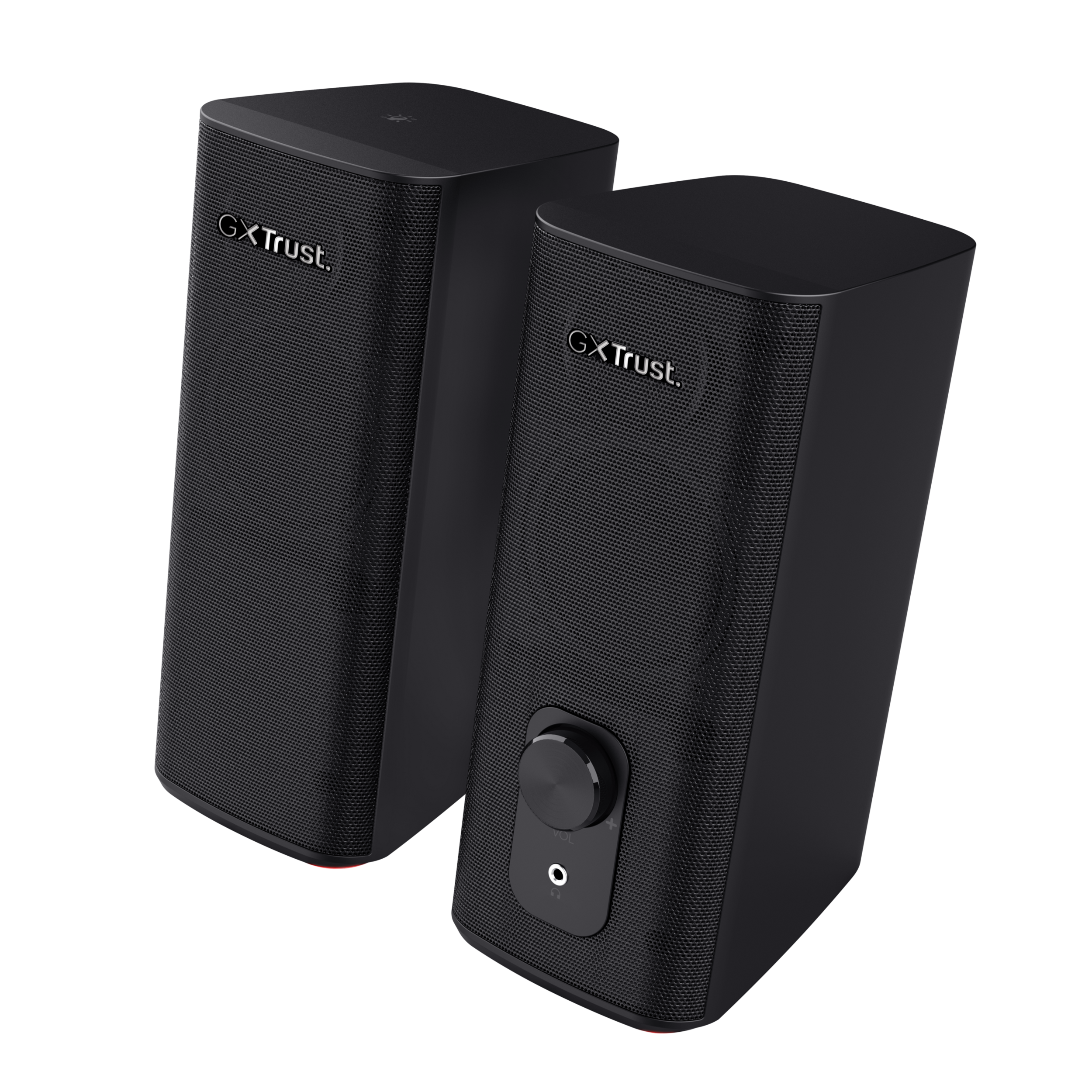 Dwa czarne głośniki z pokrętłem głośności. Widoczne słowa "GX Trust".