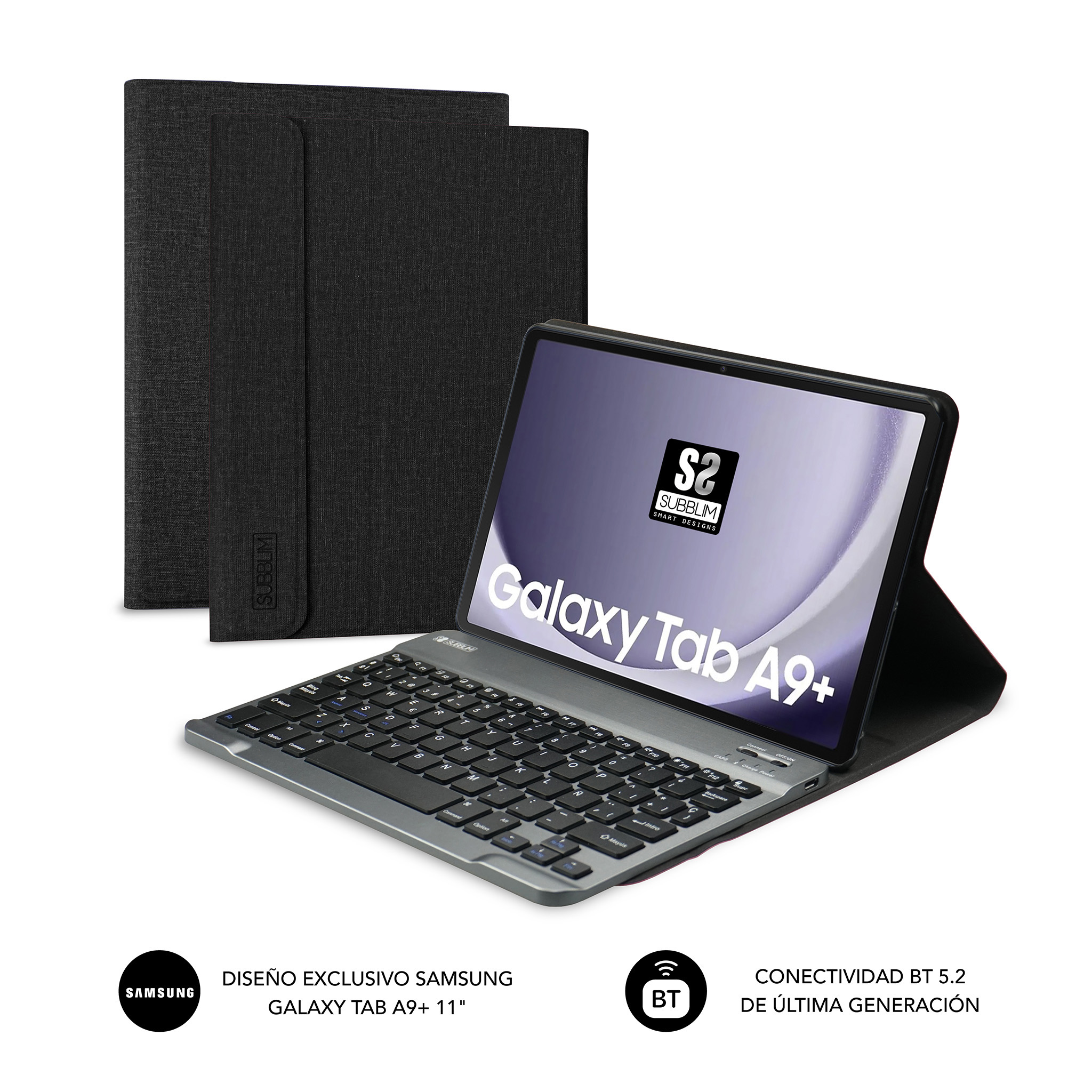 Tableta negra con funda con teclado, la pantalla muestra el texto 'Galaxy Tab A9+'.