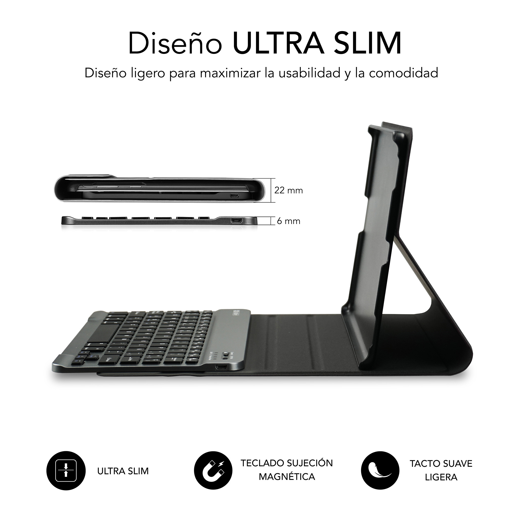 Funda para teclado de tableta. Teclado negro, tableta en funda, con fondo blanco.