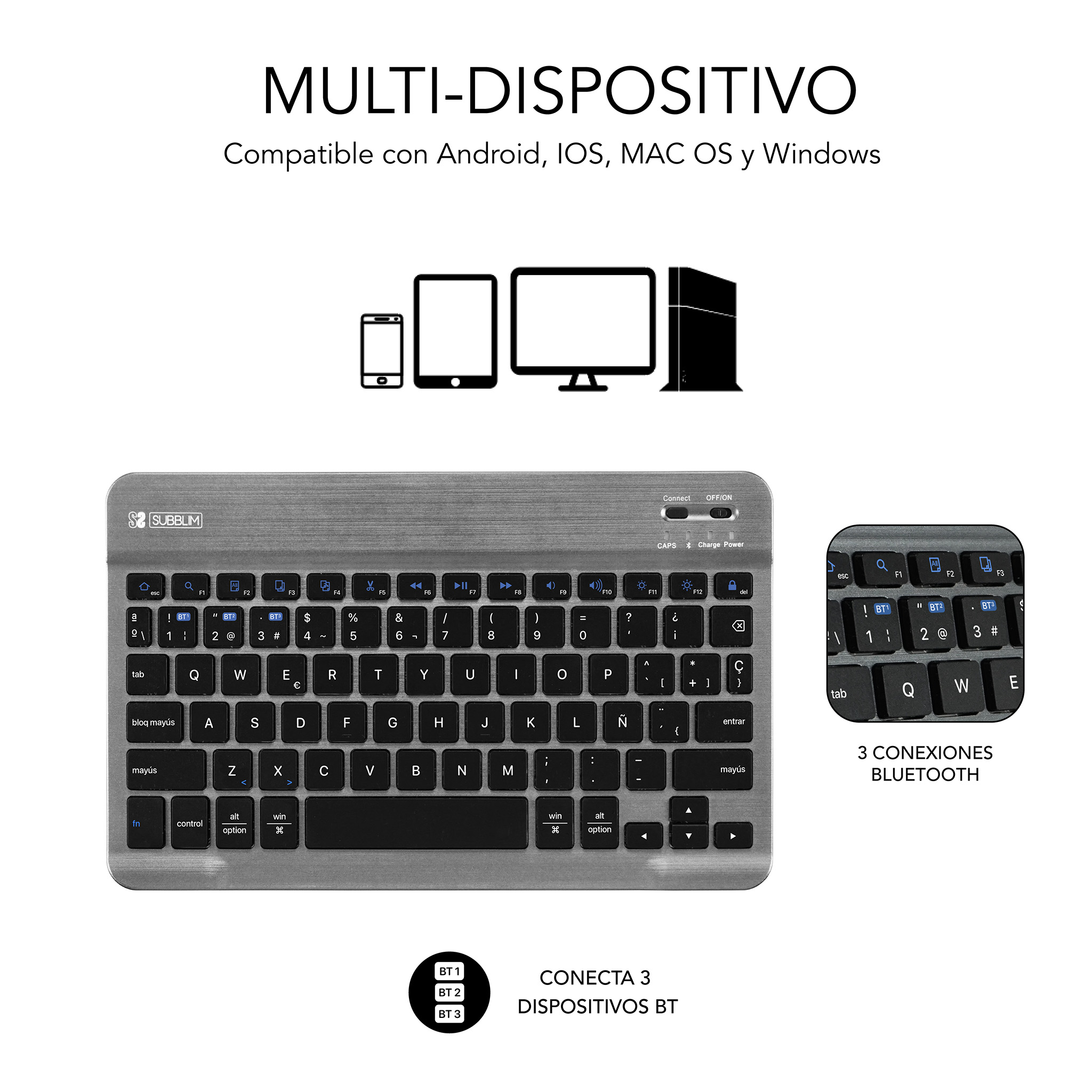 Teclado plateado con teclas retroiluminadas azules. Compatible con múltiples dispositivos. Fondo blanco.