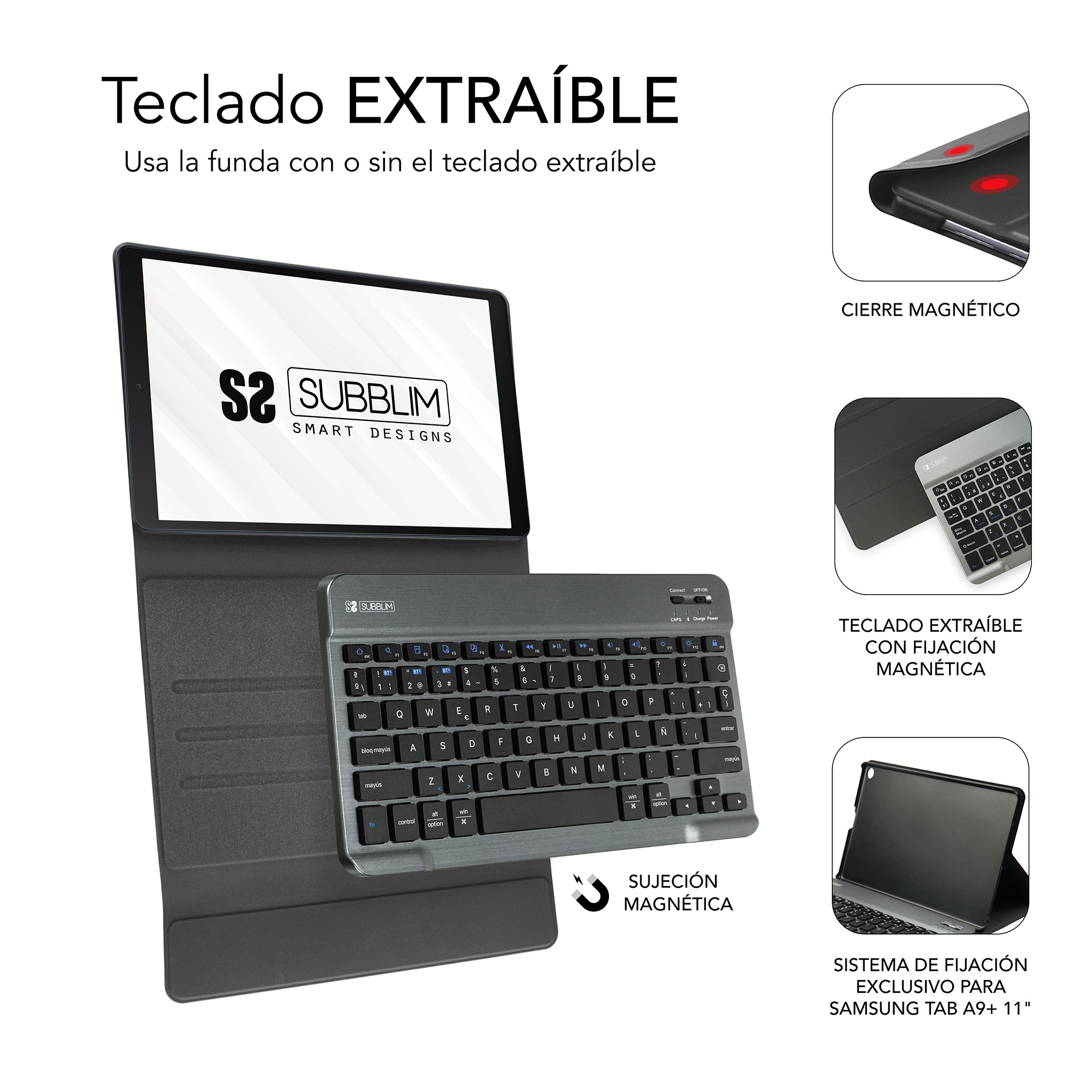 Una tableta con teclado desmontable en una funda. El teclado es gris oscuro.