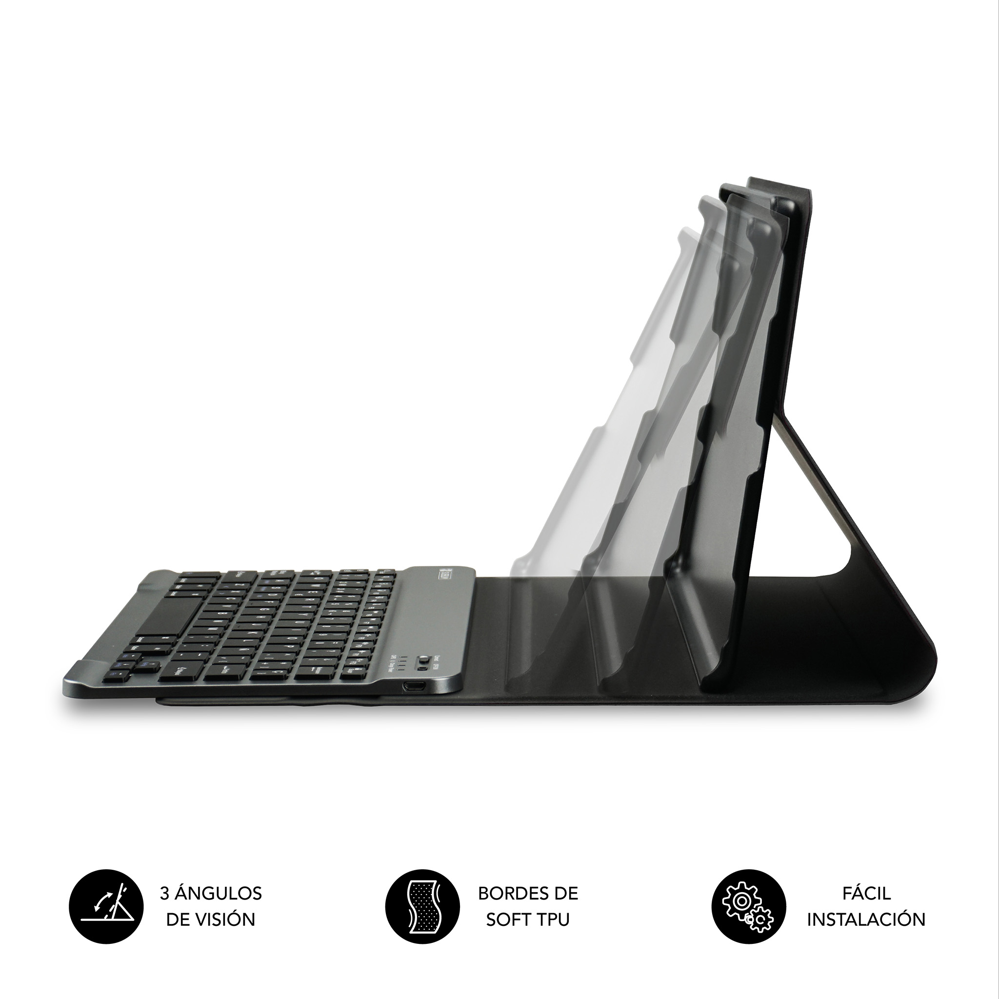 Funda de tableta y teclado, negra, con ilustraciones de ángulos de visión, bordes de TPU suaves, fácil instalación.