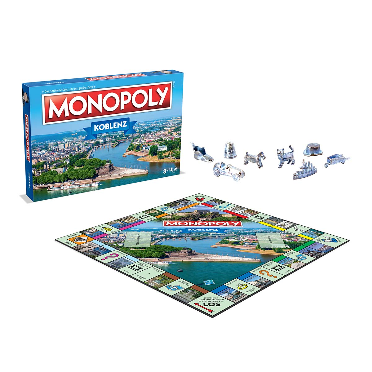 Monopoly-Brettspielset mit Spielbrett, Spielfiguren und einer Box mit dem Spielnamen.