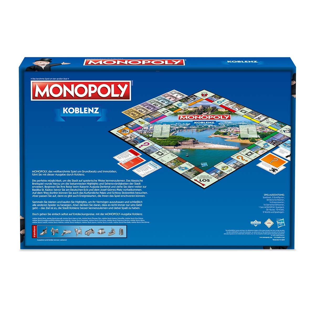 Monopoly-Brettspielbox mit Spielbrett, Spielfiguren und Text.