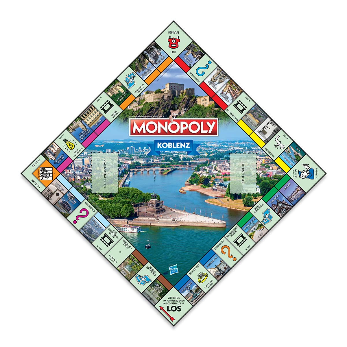 Monopoly-Brettspiel, mit Stadtlandschaft in der Mitte und Spielfeldern an den Rändern.